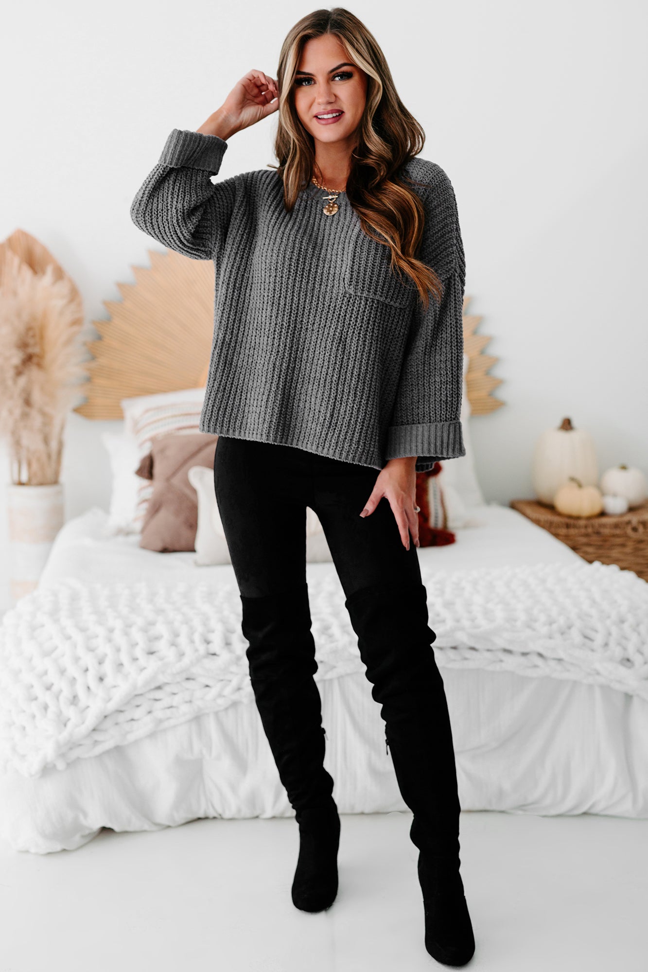 Fall Into Cozy Chunky Chenille Knit Sweater (Charcoal)-The Formal Wear
