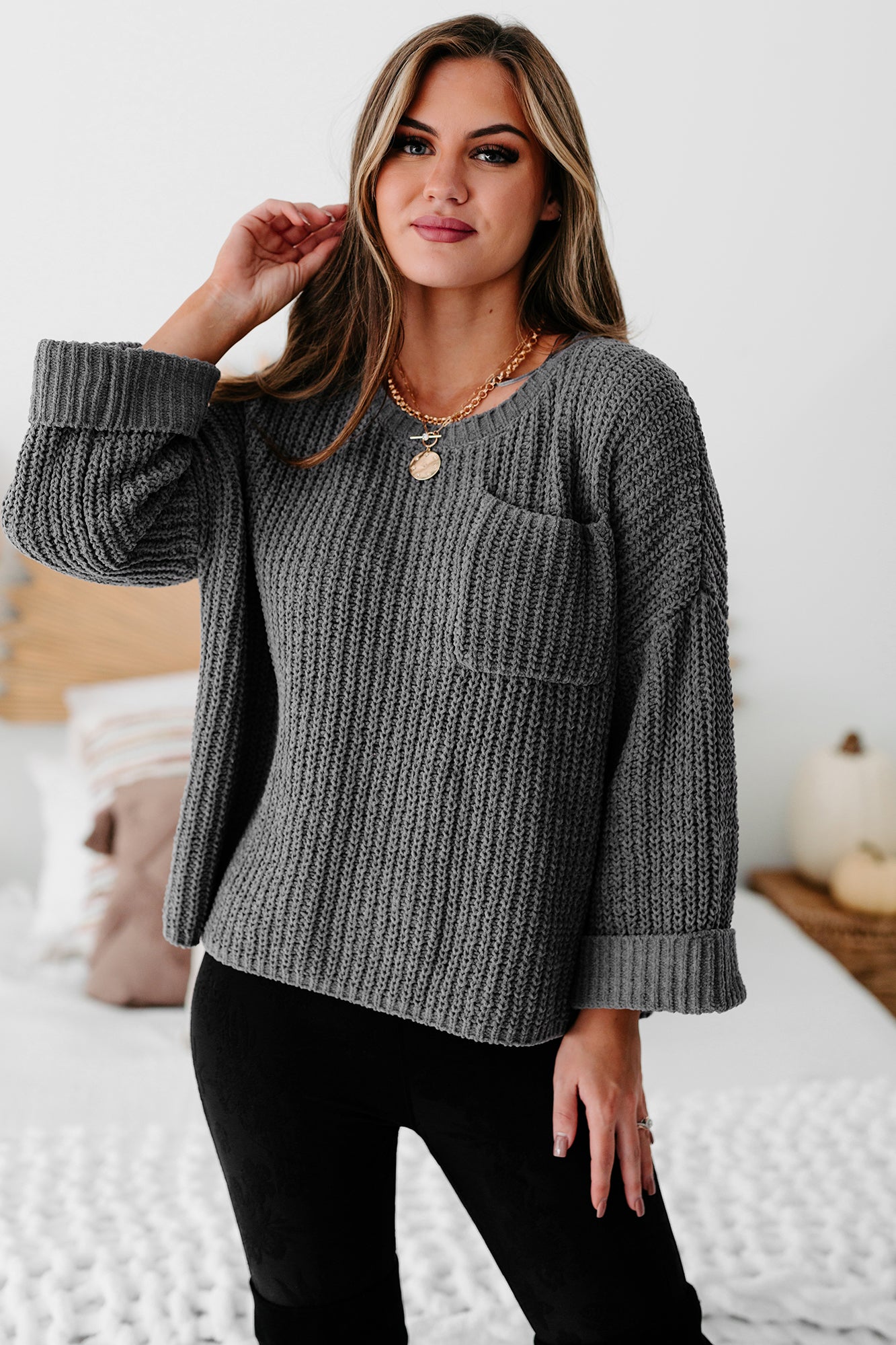 Fall Into Cozy Chunky Chenille Knit Sweater (Charcoal)-The Formal Wear