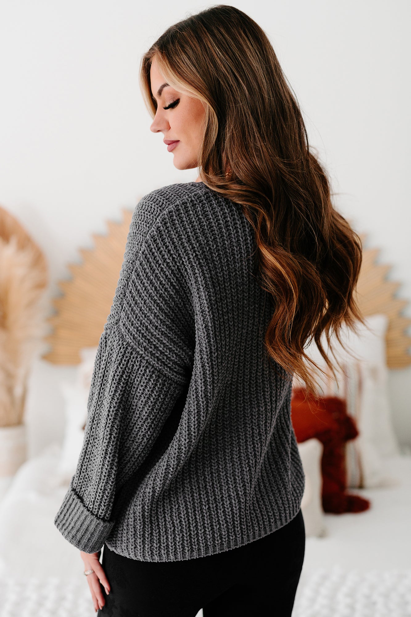 Fall Into Cozy Chunky Chenille Knit Sweater (Charcoal)-The Formal Wear