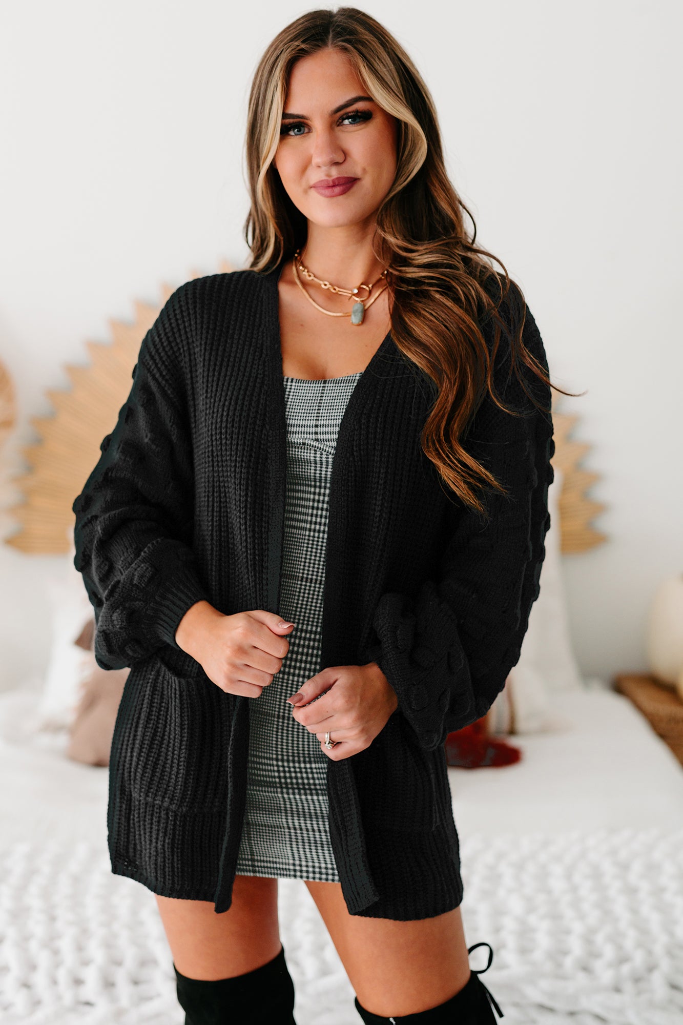 All That Matters Textured Sleeve Cardigan (Black)-The Formal Wear