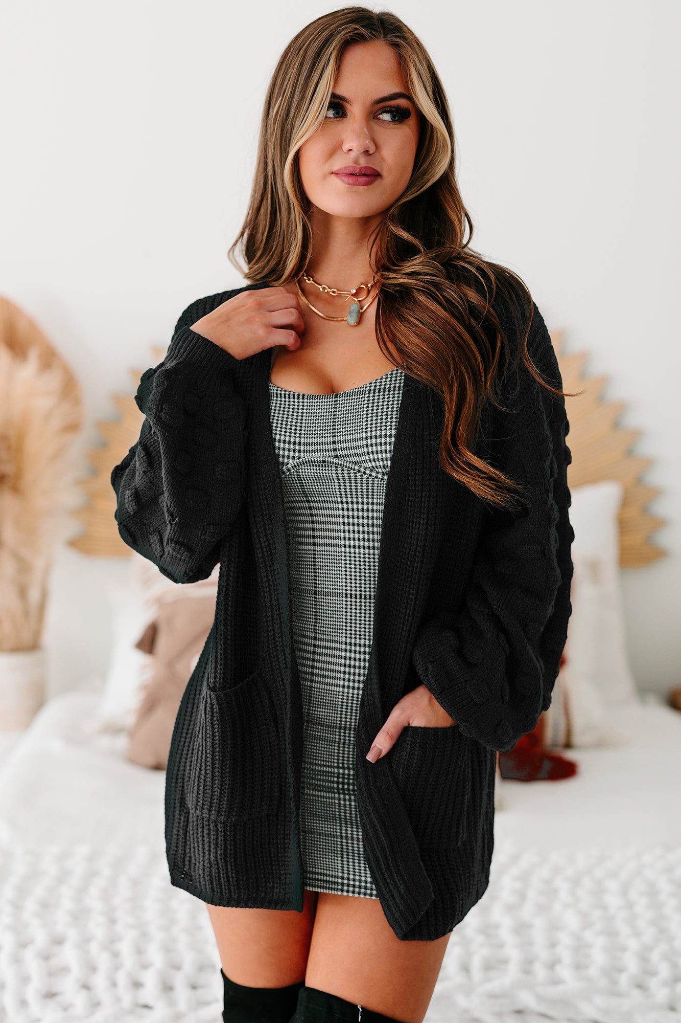 All That Matters Textured Sleeve Cardigan (Black)-The Formal Wear
