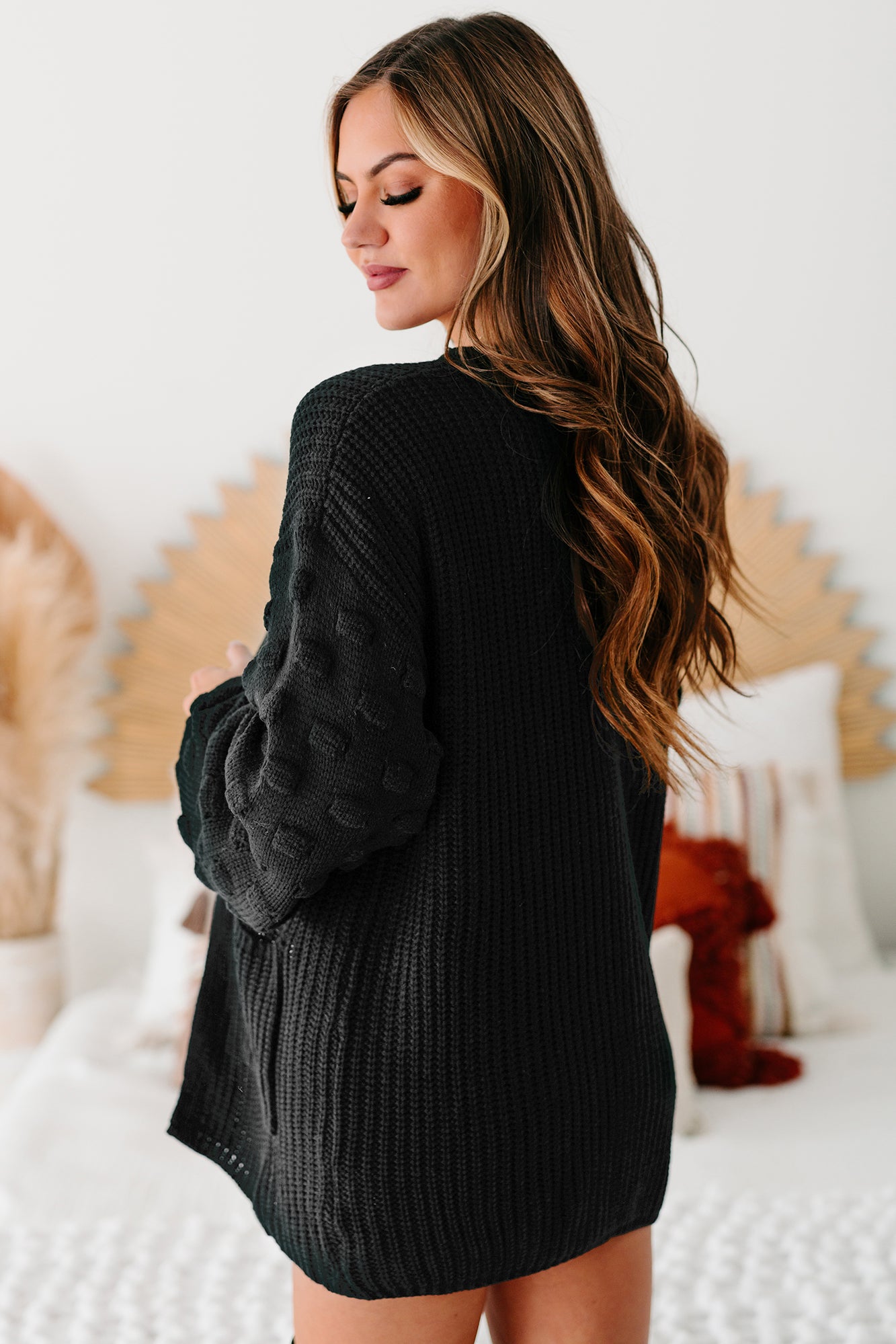 All That Matters Textured Sleeve Cardigan (Black)-The Formal Wear