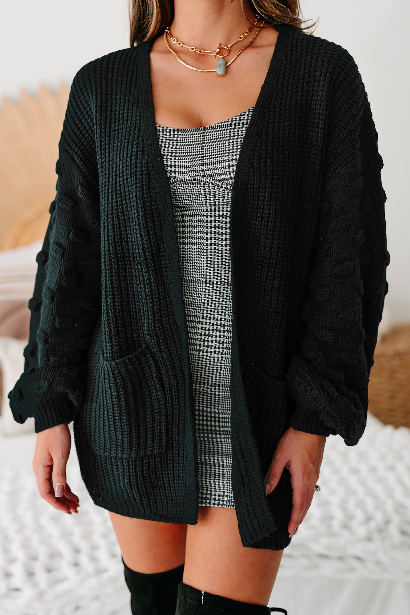 All That Matters Textured Sleeve Cardigan (Black)-The Formal Wear