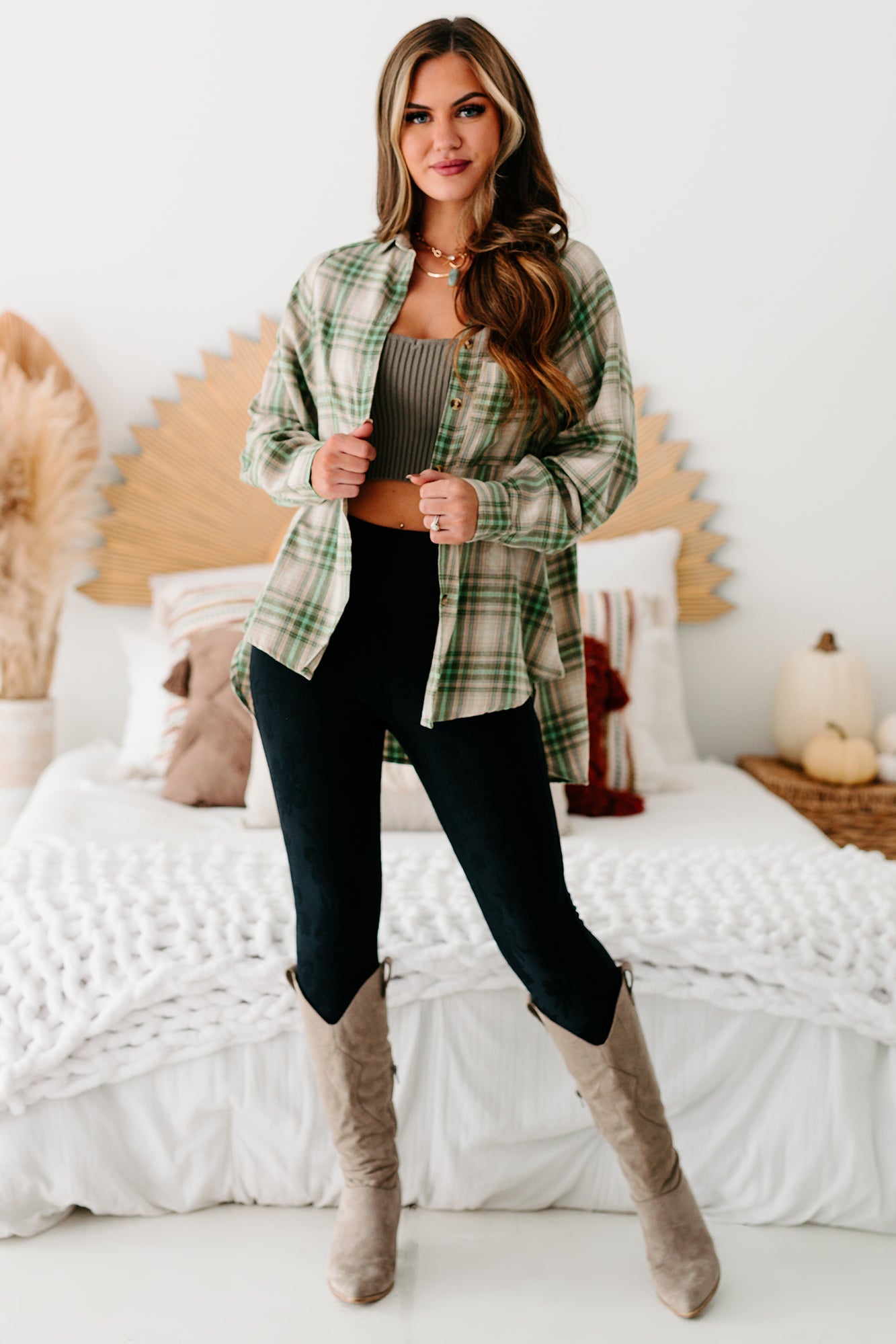Mountain Tops High-Low Plaid Flannel Top (Olive Green)-The Formal Wear