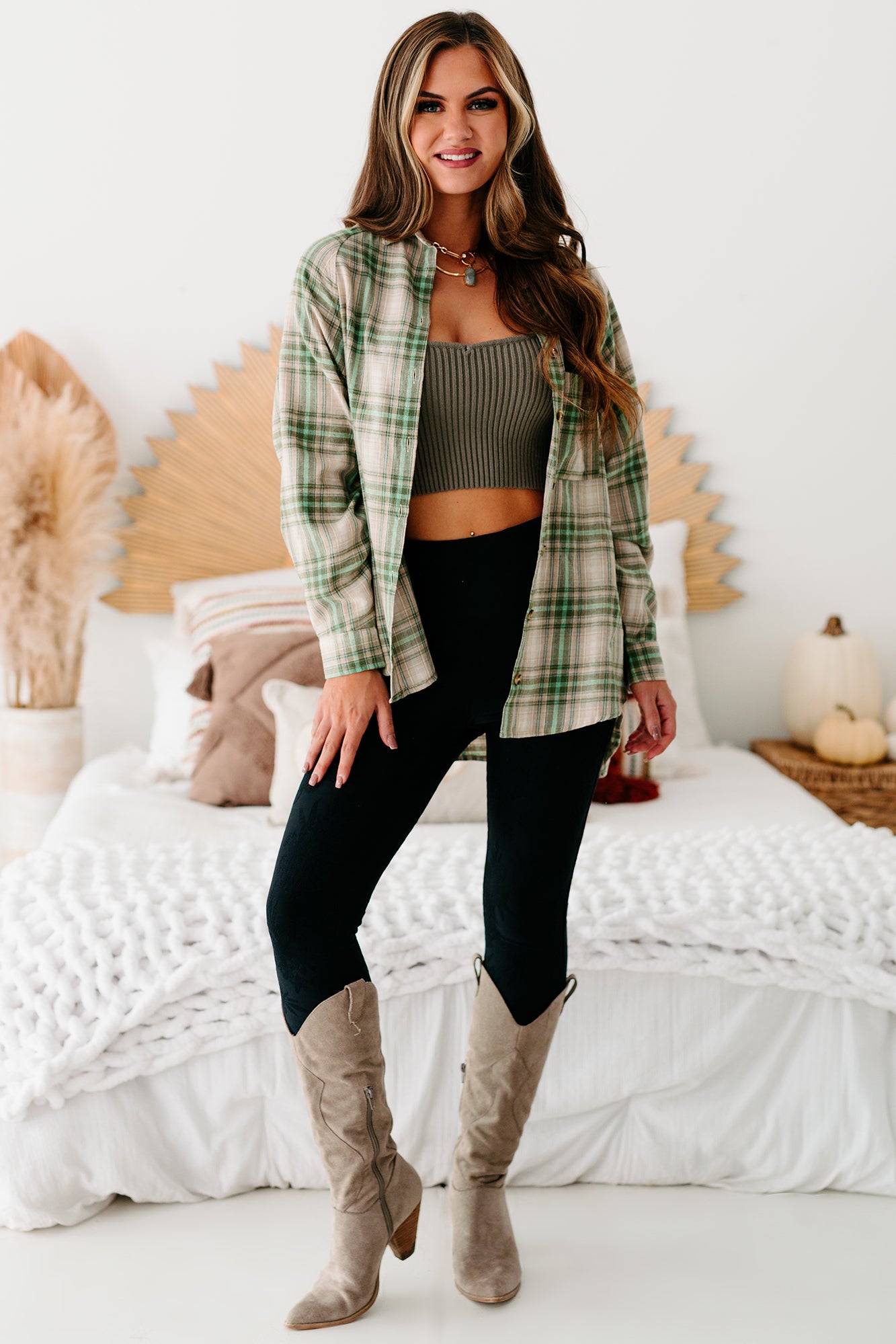 Mountain Tops High-Low Plaid Flannel Top (Olive Green)-The Formal Wear