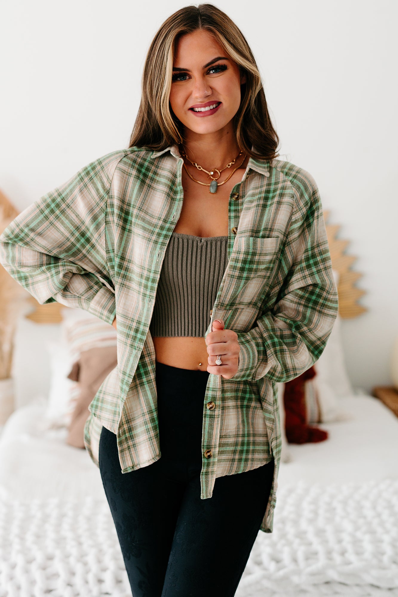 Mountain Tops High-Low Plaid Flannel Top (Olive Green)-The Formal Wear