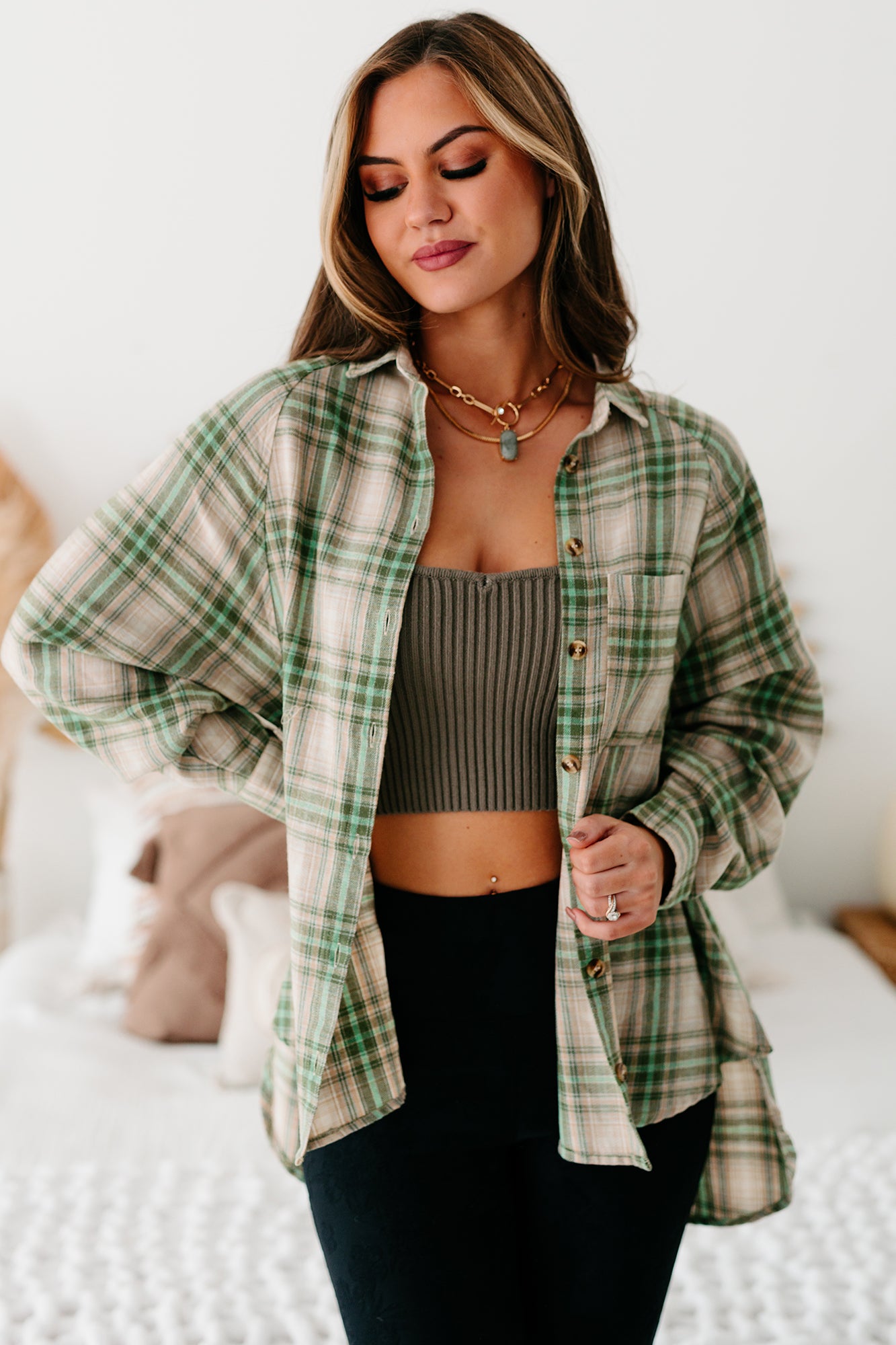 Mountain Tops High-Low Plaid Flannel Top (Olive Green)-The Formal Wear