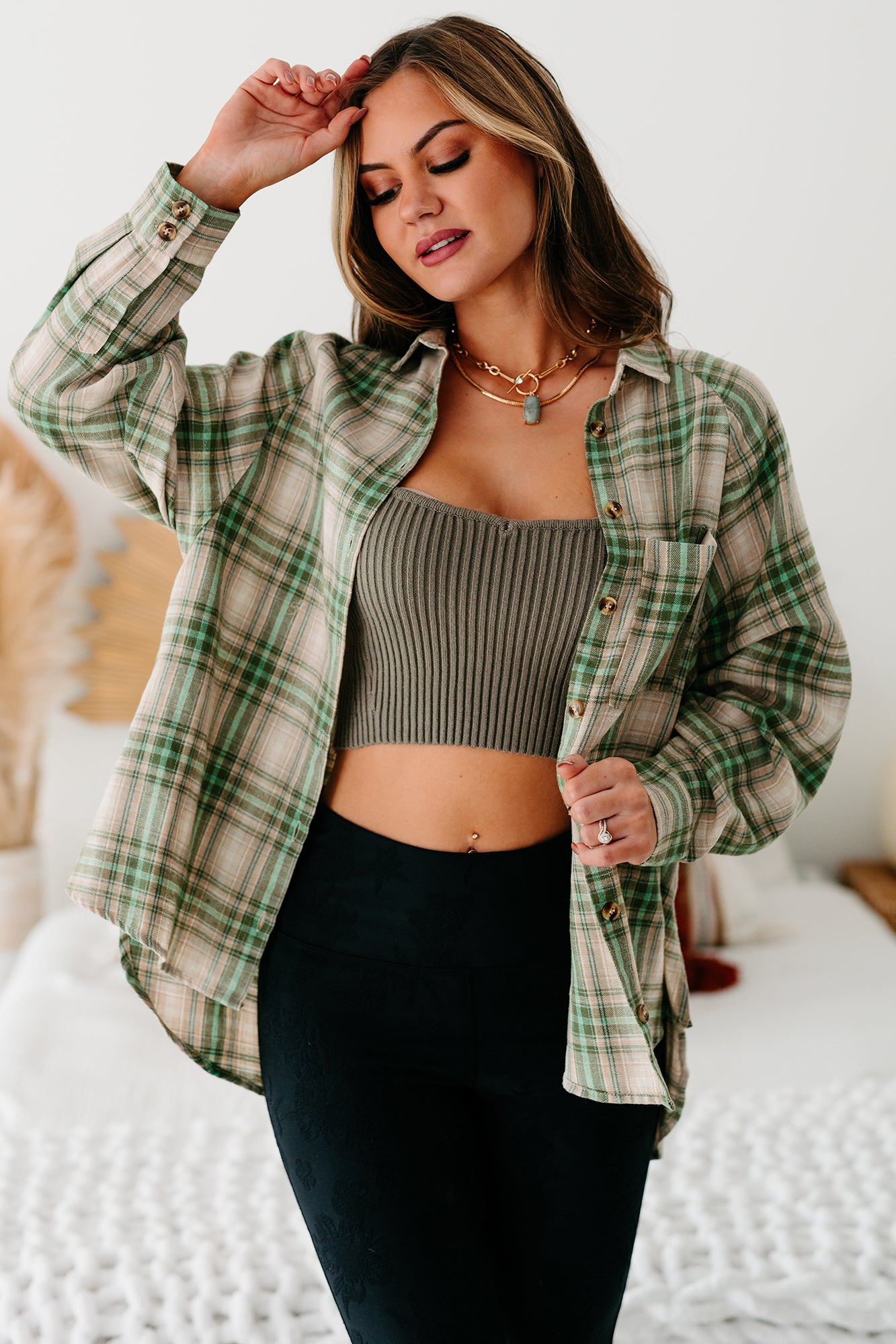 Mountain Tops High-Low Plaid Flannel Top (Olive Green)-The Formal Wear