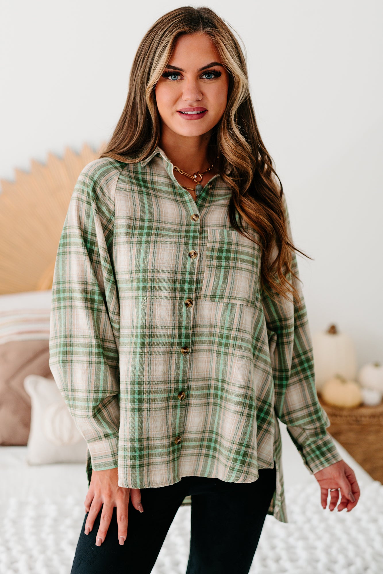 Mountain Tops High-Low Plaid Flannel Top (Olive Green)-The Formal Wear