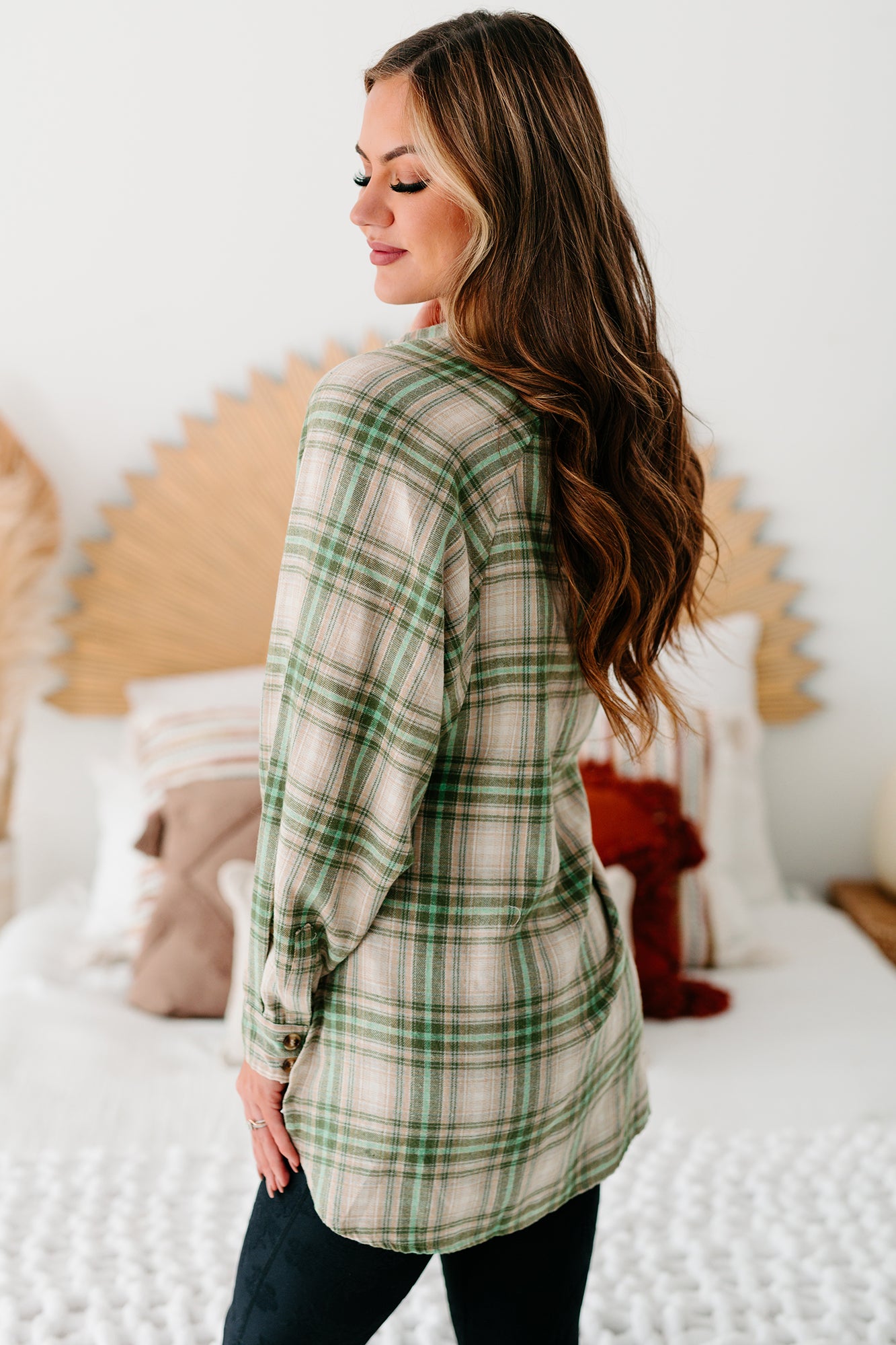 Mountain Tops High-Low Plaid Flannel Top (Olive Green)-The Formal Wear