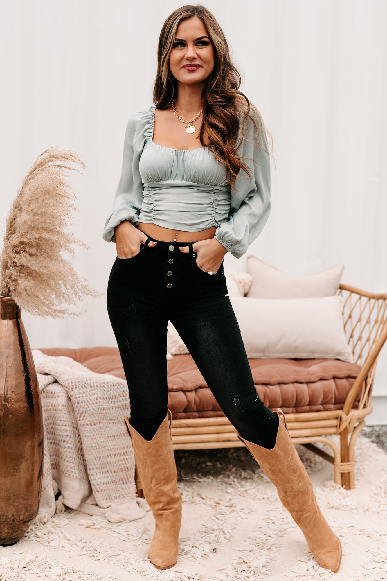 Bold Claims Ruched Long Sleeve Top (Ice Blue)-The Formal Wear