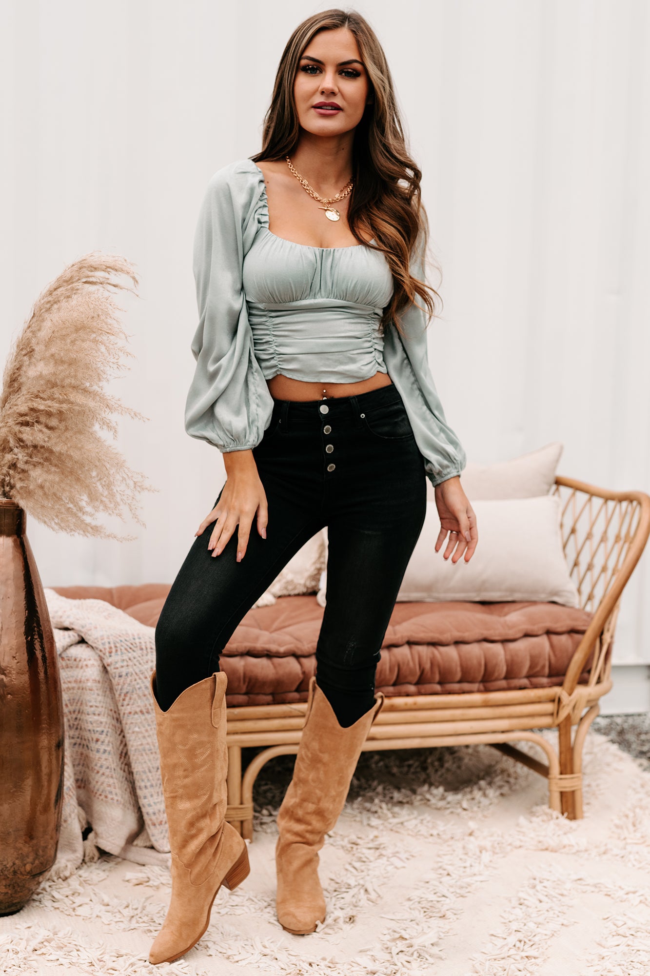 Bold Claims Ruched Long Sleeve Top (Ice Blue)-The Formal Wear