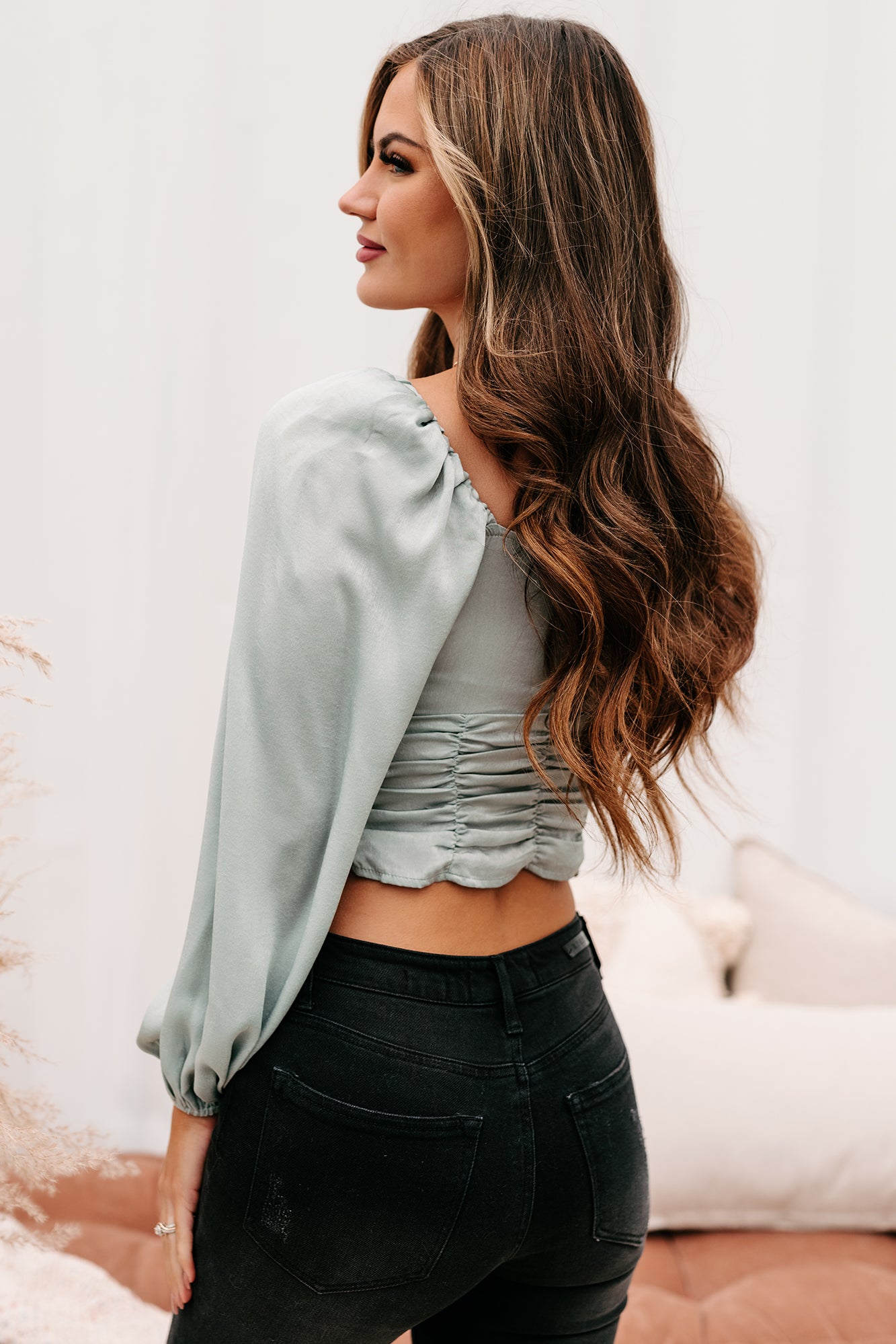 Bold Claims Ruched Long Sleeve Top (Ice Blue)-The Formal Wear