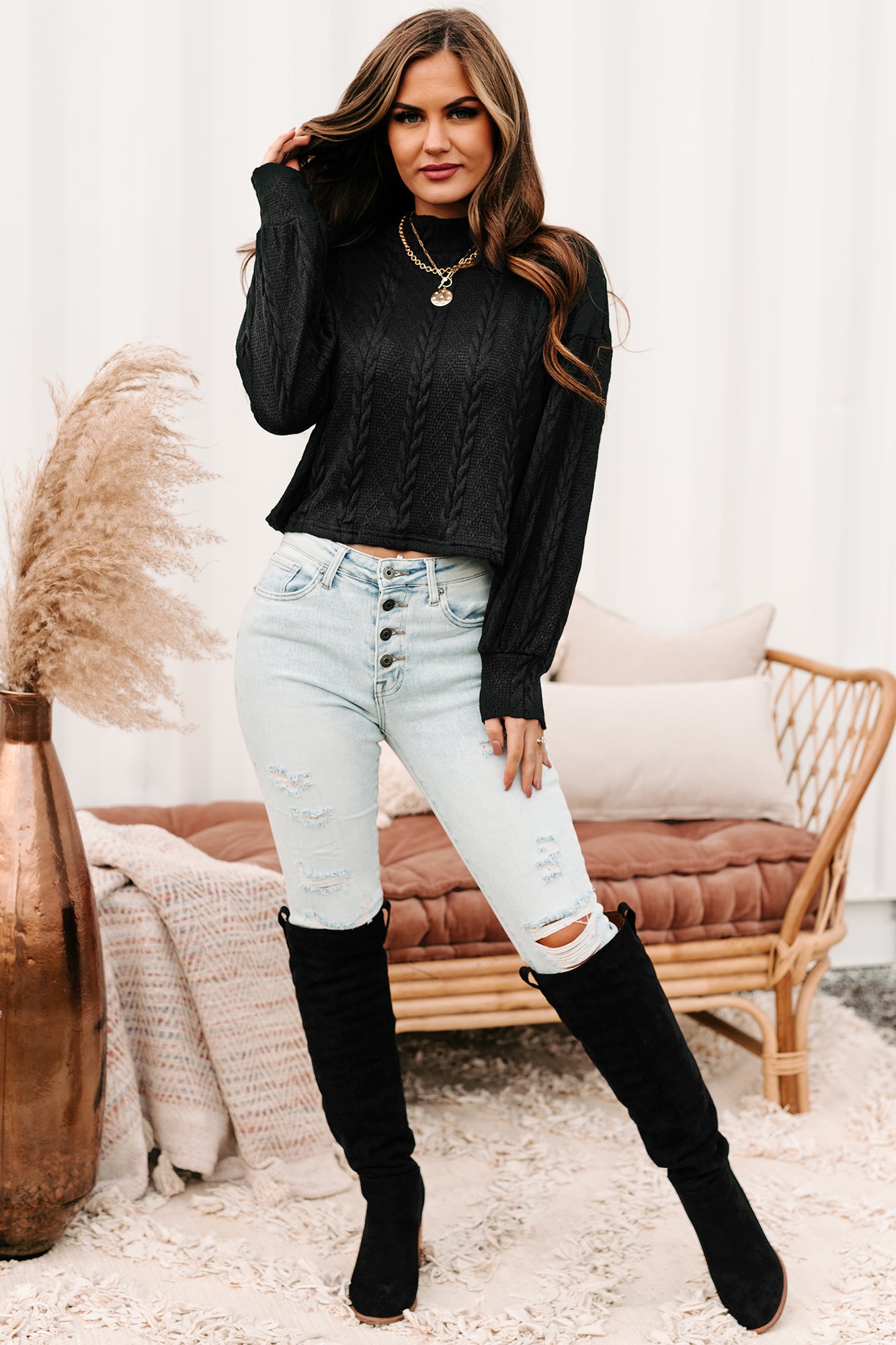 Autumn Affair Textured Mock Neck Top (Black)-The Formal Wear