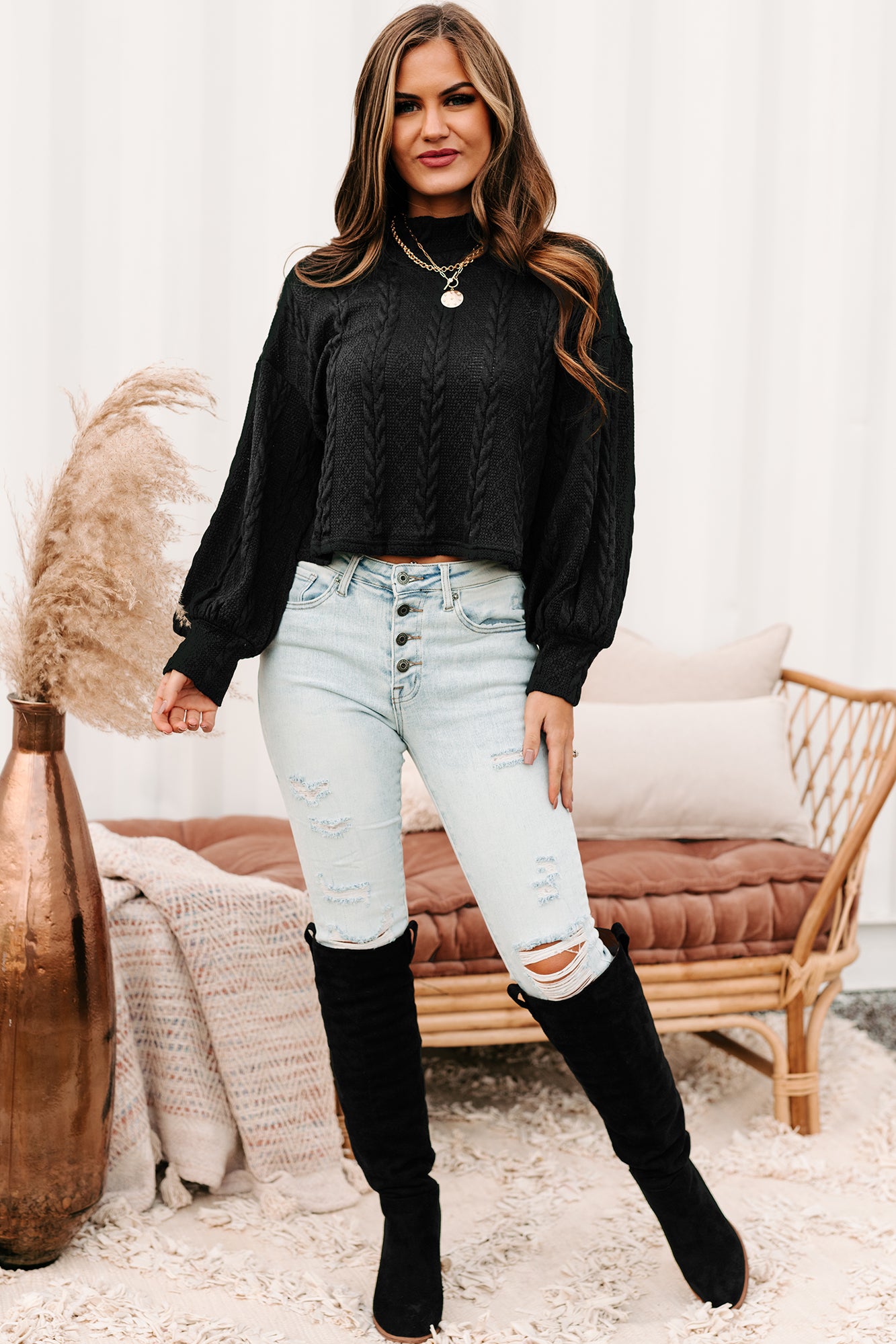 Autumn Affair Textured Mock Neck Top (Black)-The Formal Wear