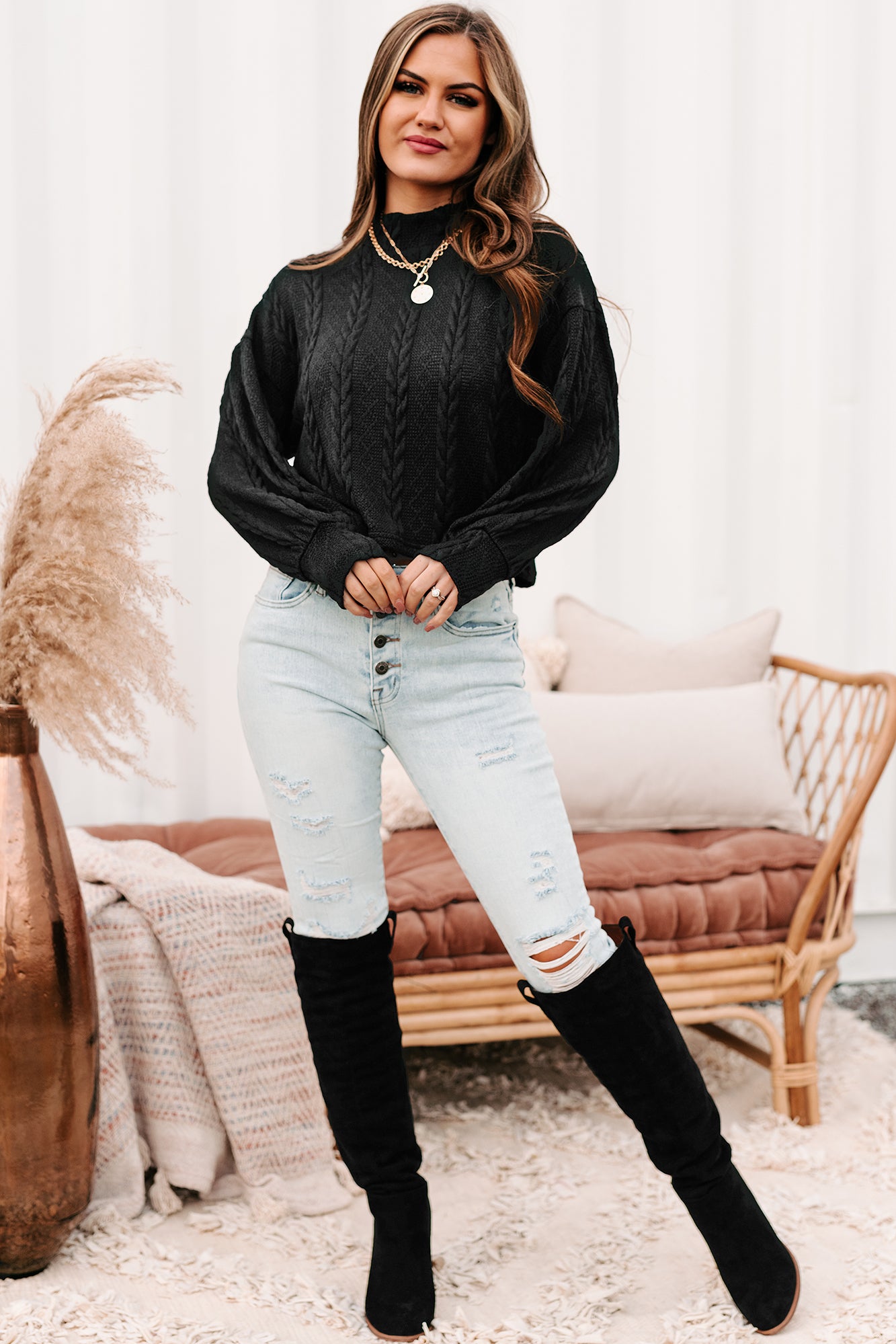 Autumn Affair Textured Mock Neck Top (Black)-The Formal Wear