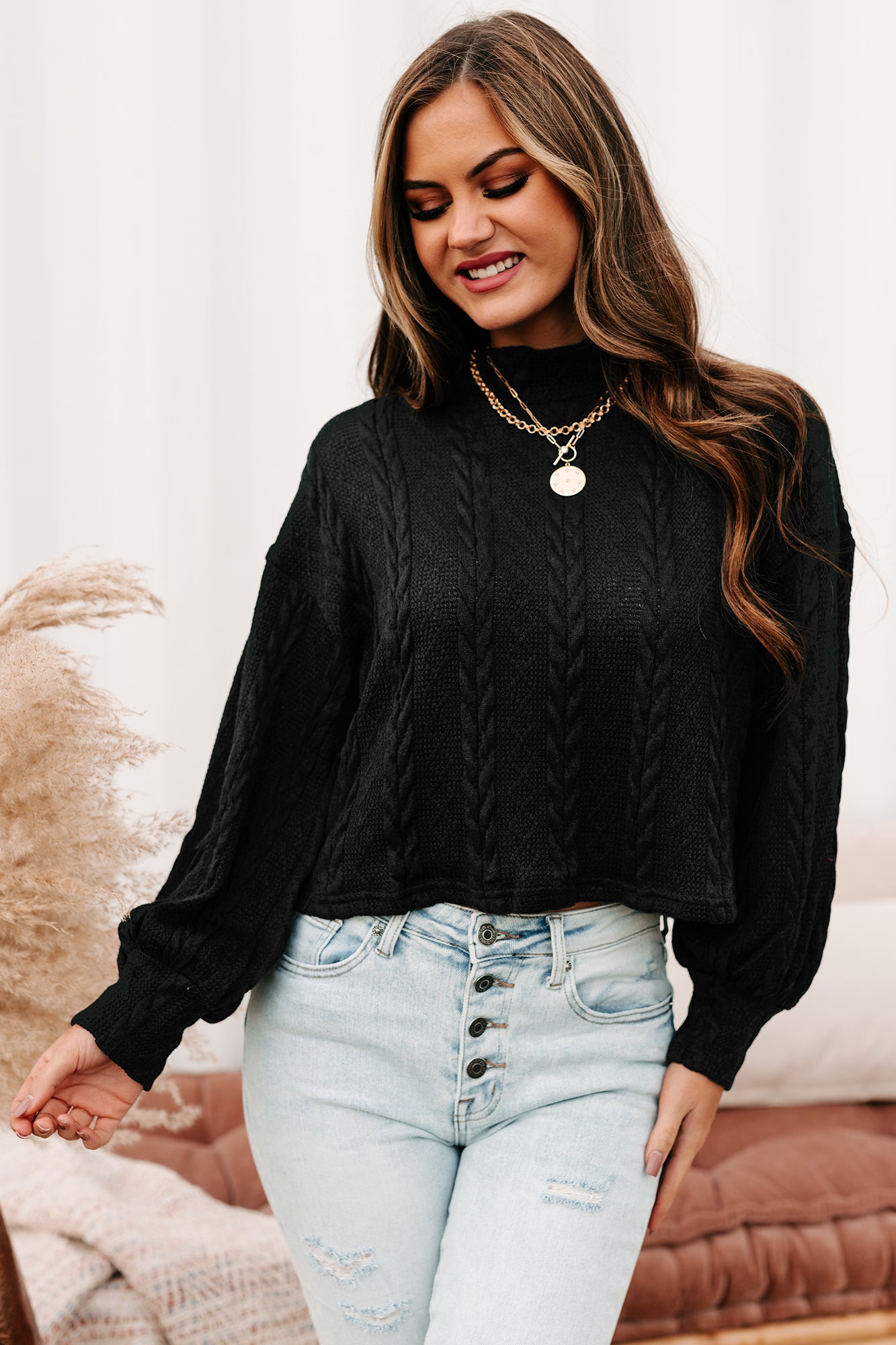 Autumn Affair Textured Mock Neck Top (Black)-The Formal Wear