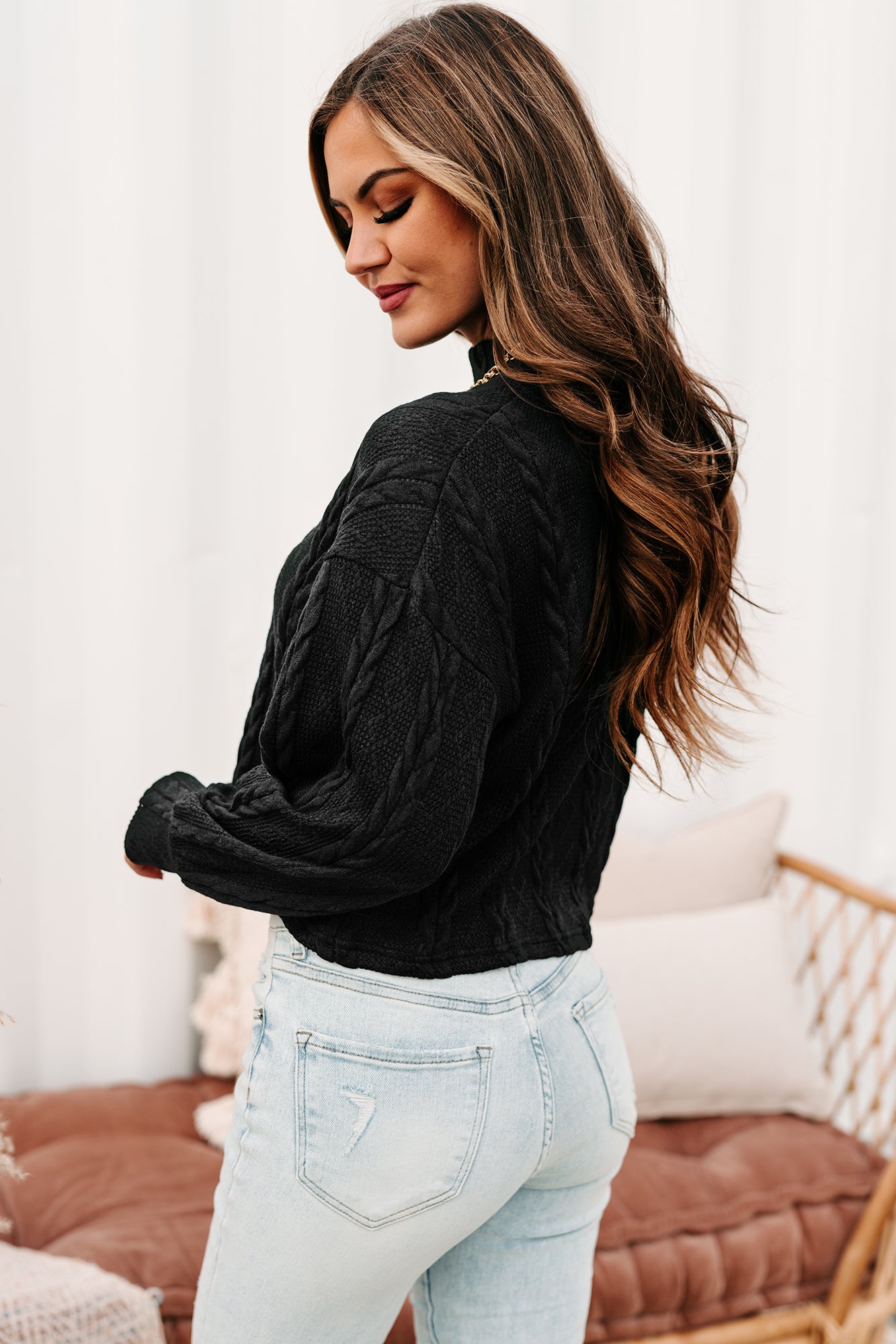 Autumn Affair Textured Mock Neck Top (Black)-The Formal Wear