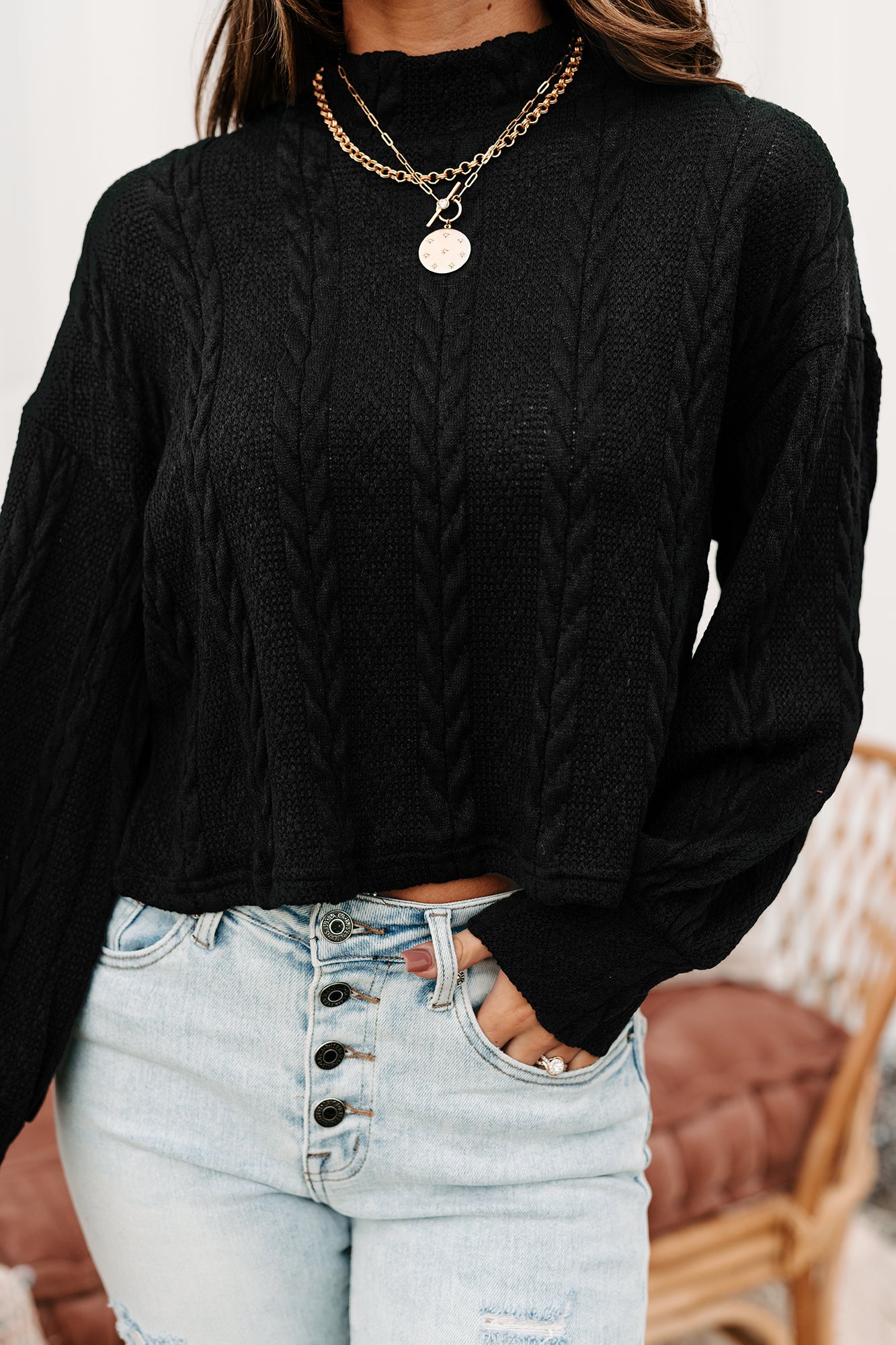 Autumn Affair Textured Mock Neck Top (Black)-The Formal Wear