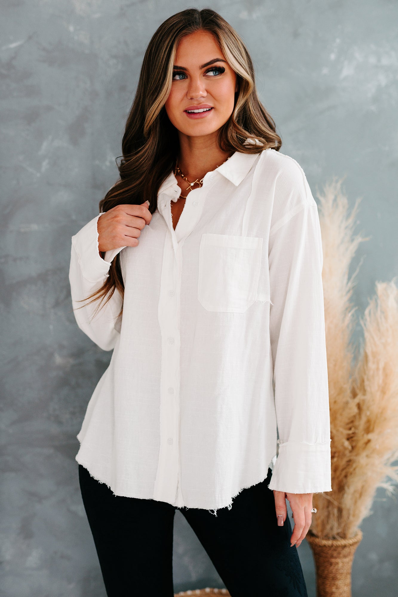 Zia Button Front Long Sleeve Top (White)-The Formal Wear