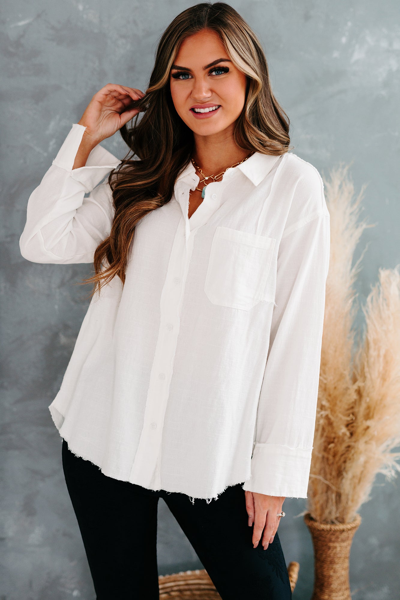 Zia Button Front Long Sleeve Top (White)-The Formal Wear