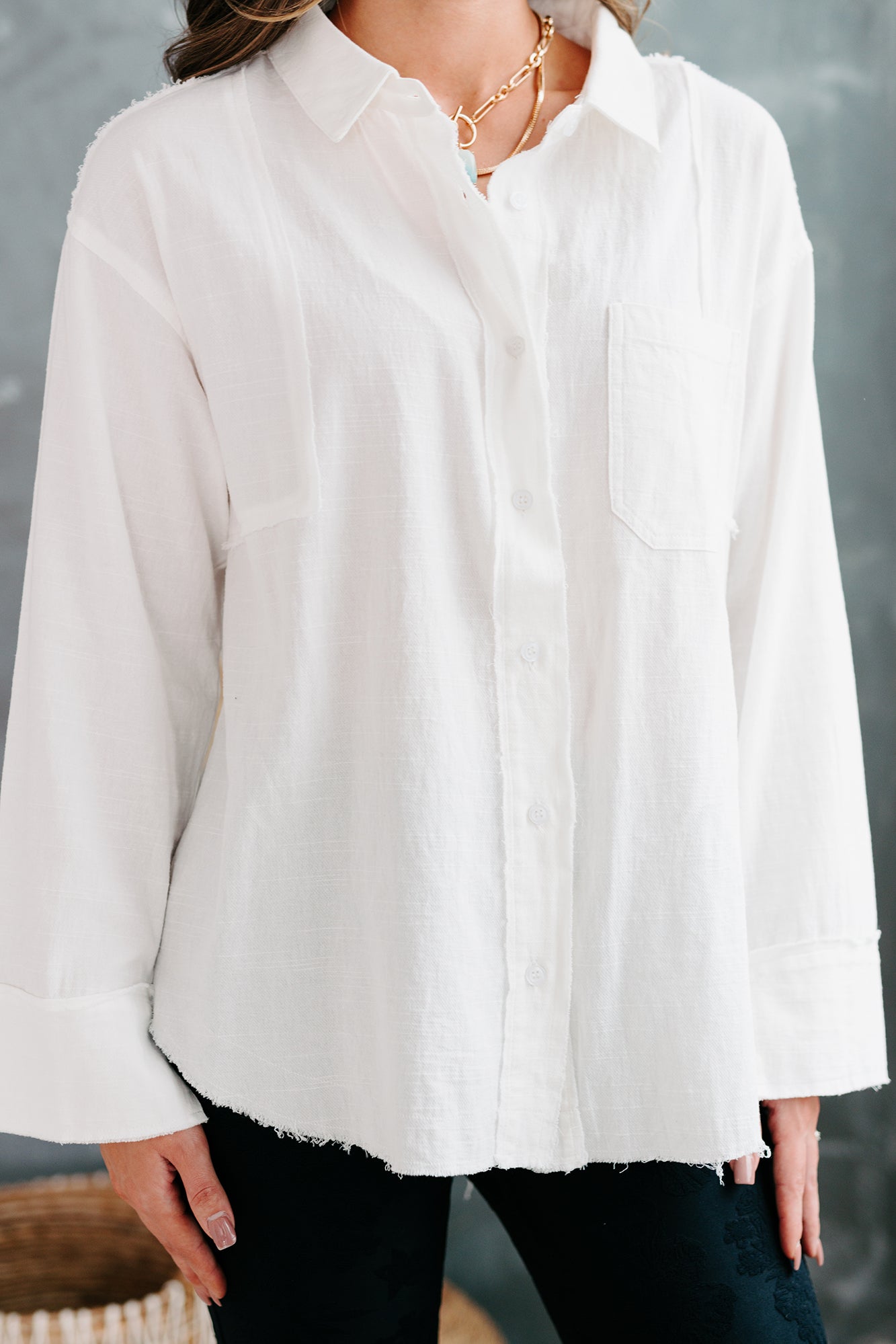 Zia Button Front Long Sleeve Top (White)-The Formal Wear