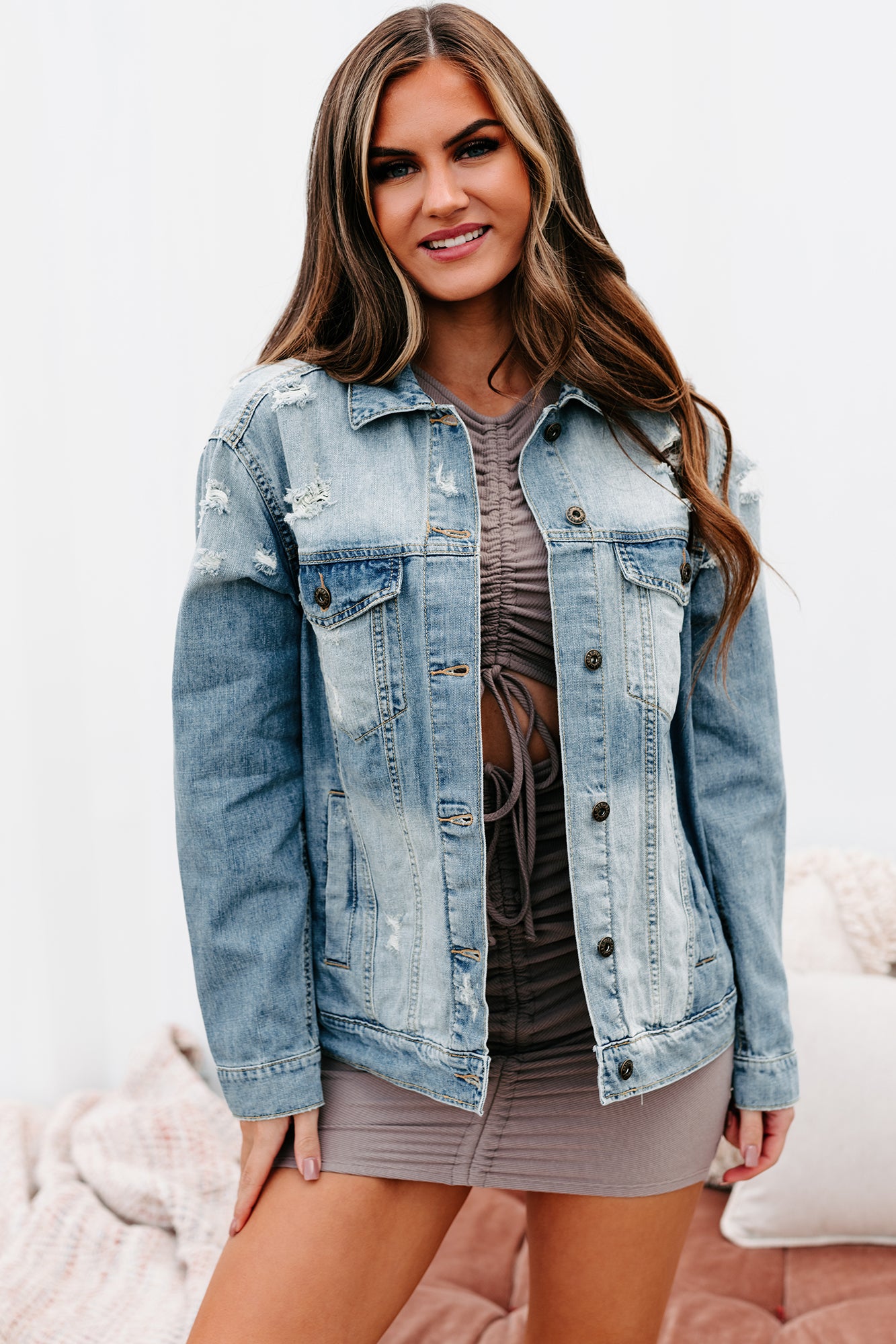 Speak Up Lightly Distressed Denim Jacket (Light)-The Formal Wear
