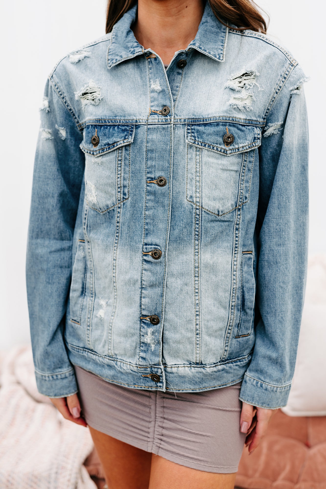 Speak Up Lightly Distressed Denim Jacket (Light)-The Formal Wear