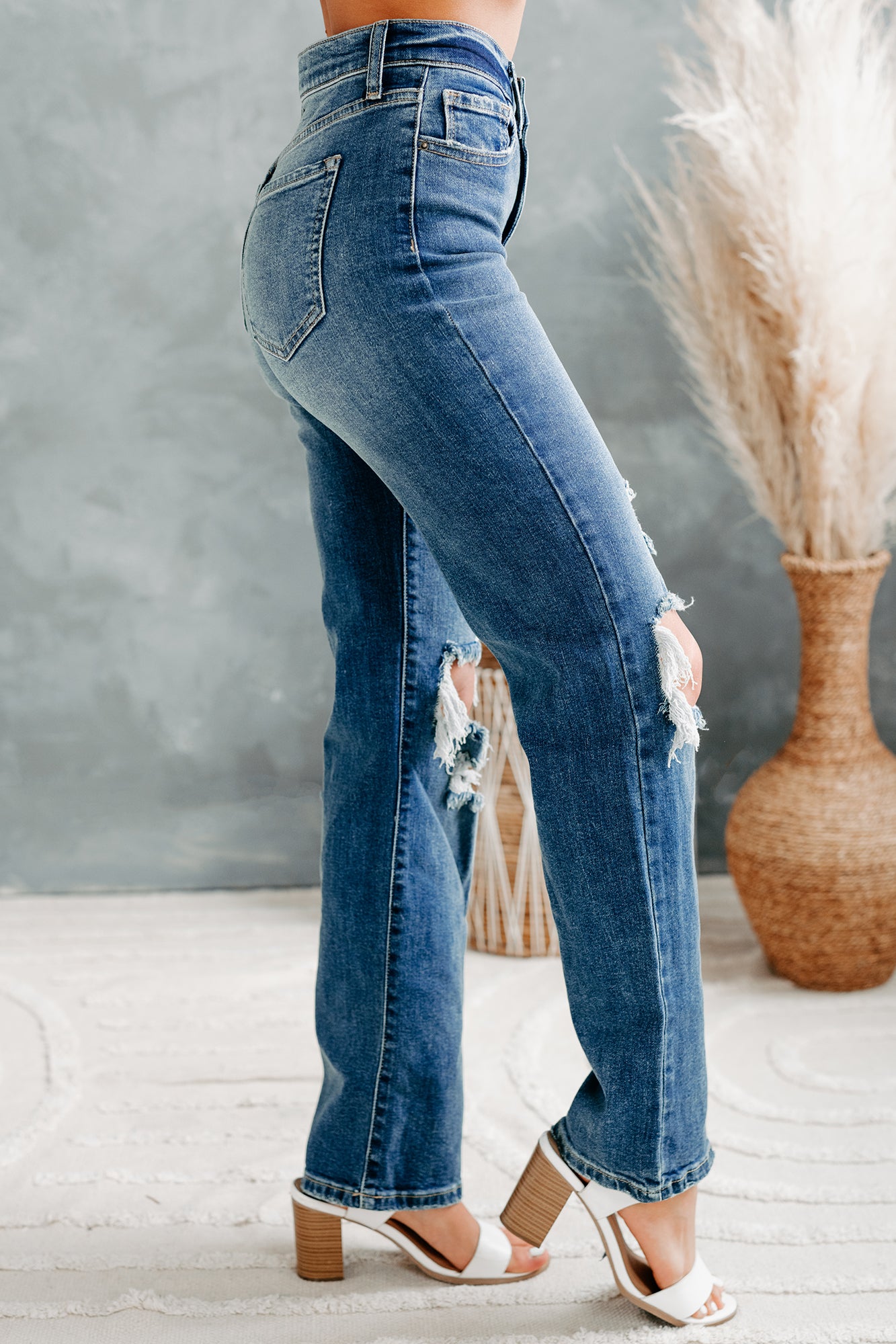 Days Like These High Rise Distressed Knee Straight Leg Sneak Peek Jeans (Medium Dark)-The Formal Wear