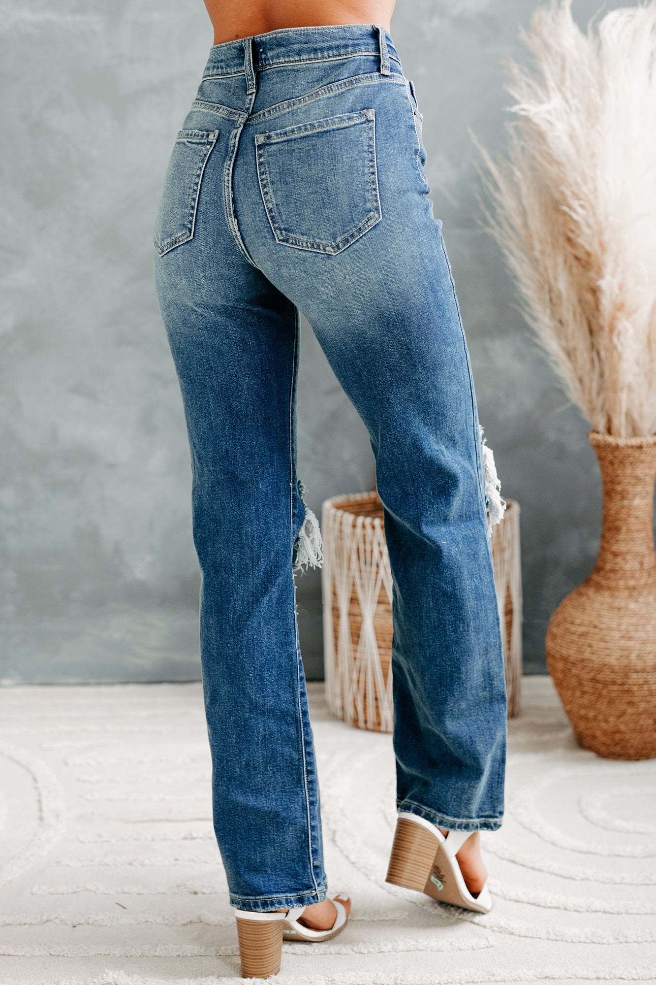 Days Like These High Rise Distressed Knee Straight Leg Sneak Peek Jeans (Medium Dark)-The Formal Wear
