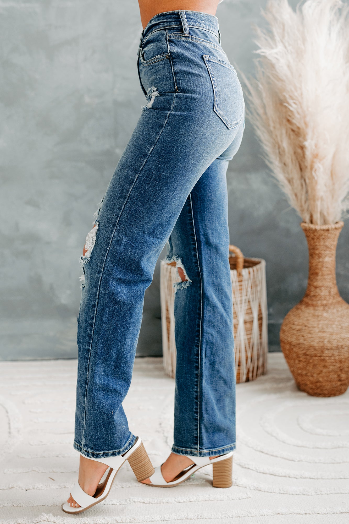 Days Like These High Rise Distressed Knee Straight Leg Sneak Peek Jeans (Medium Dark)-The Formal Wear