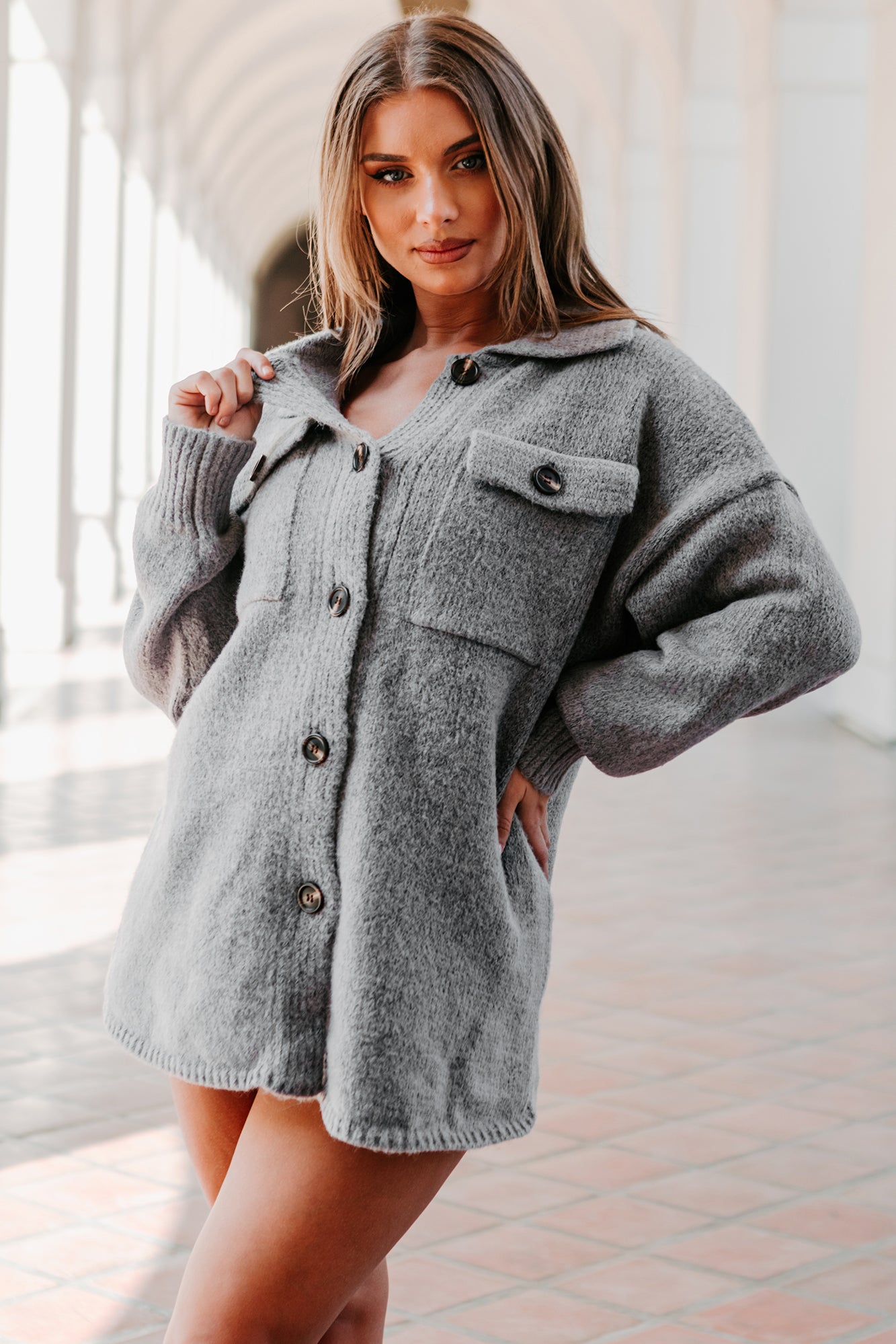 Mellow Moment Button-Front Sweater Jacket (Charcoal)-The Formal Wear