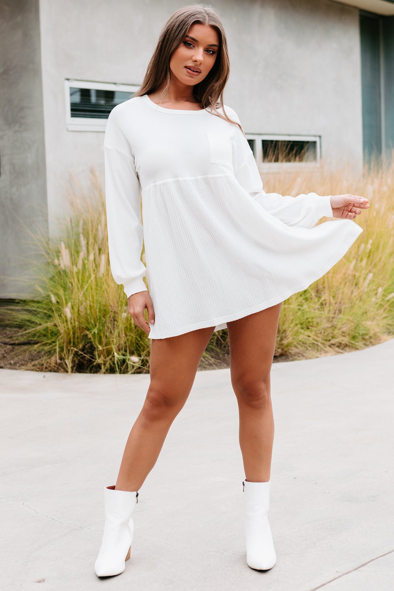 Lively Spirit Mixed Knit Tunic Top (Off White)-The Formal Wear