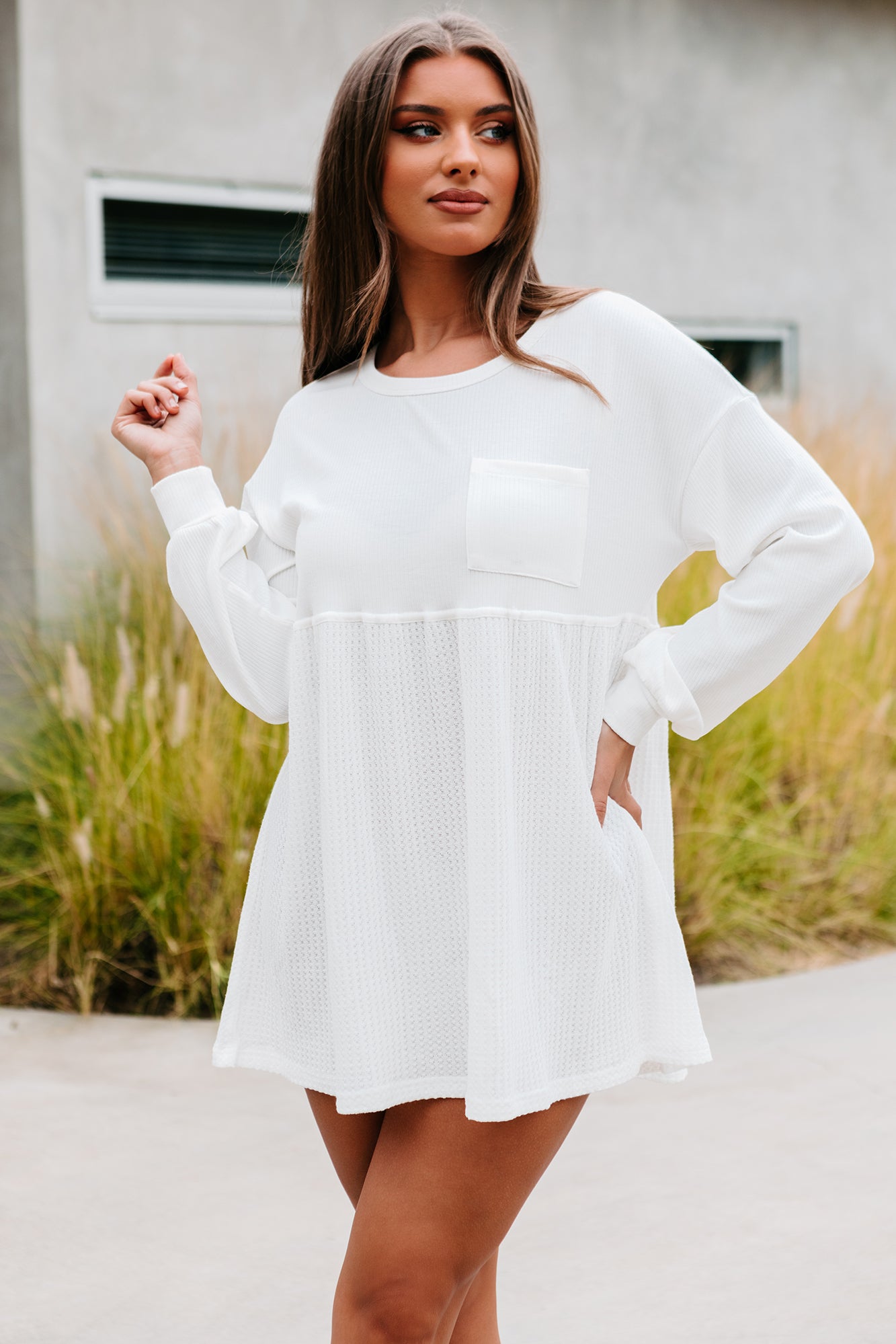 Lively Spirit Mixed Knit Tunic Top (Off White)-The Formal Wear