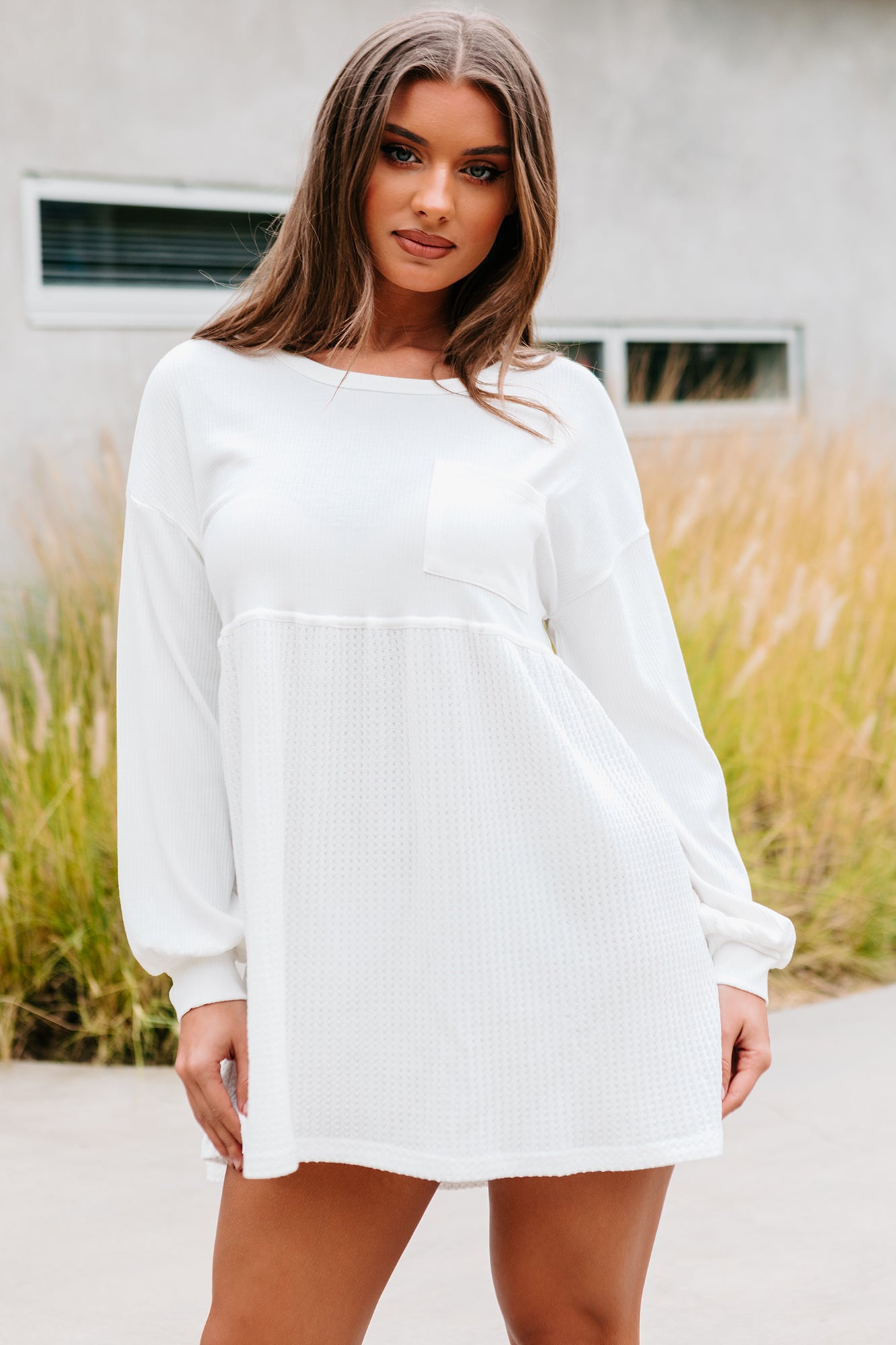 Lively Spirit Mixed Knit Tunic Top (Off White)-The Formal Wear