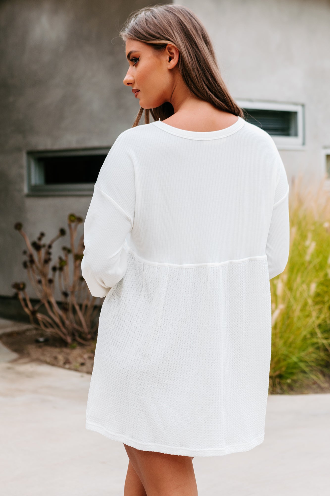 Lively Spirit Mixed Knit Tunic Top (Off White)-The Formal Wear