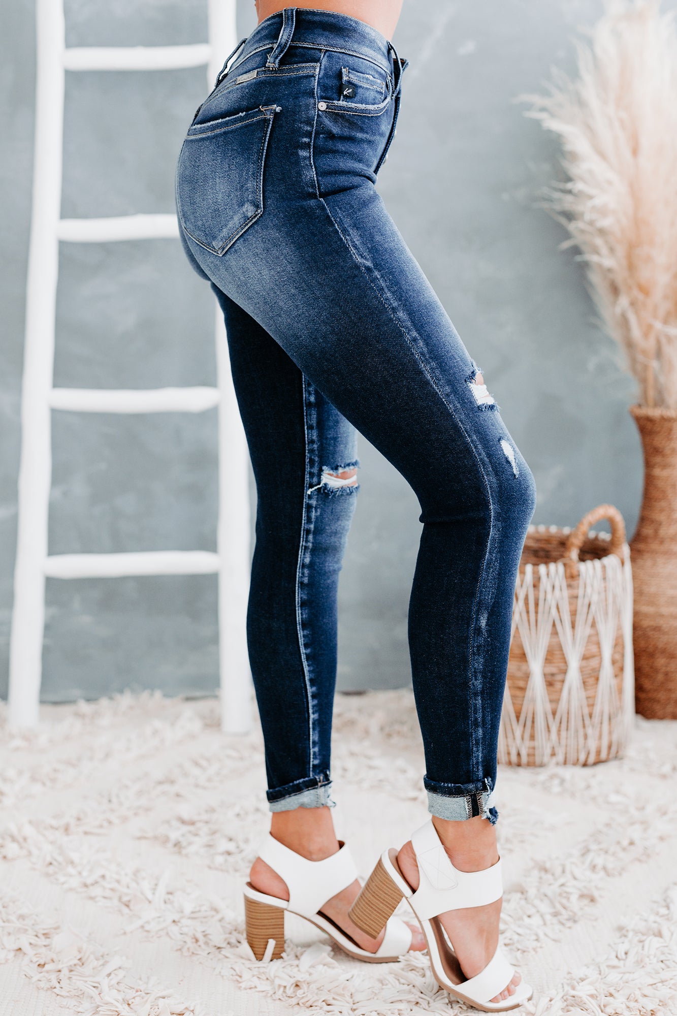 Measuring Up High Rise Button-Fly Distressed Skinny Kancan Jeans (Dark)-The Formal Wear