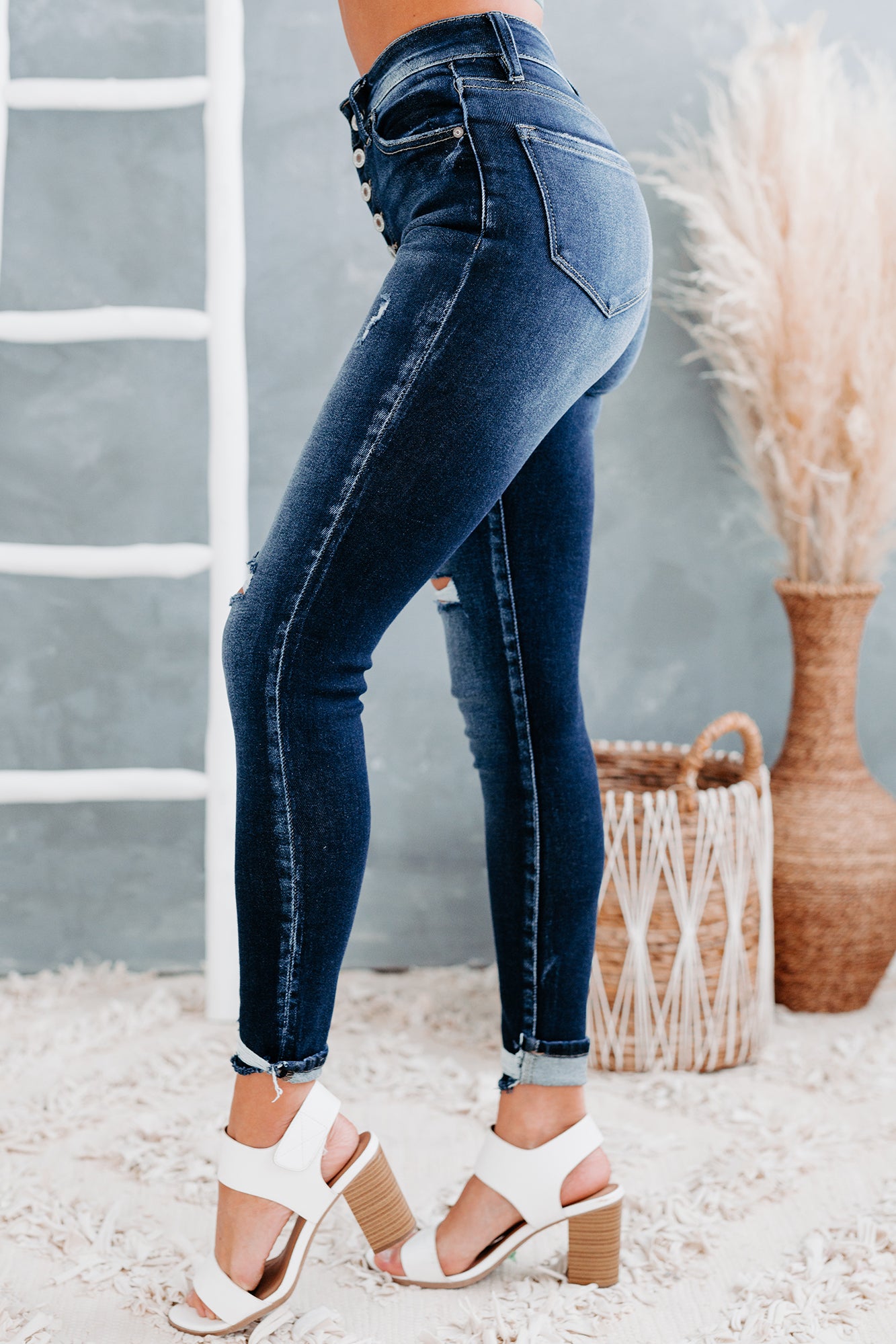 Measuring Up High Rise Button-Fly Distressed Skinny Kancan Jeans (Dark)-The Formal Wear