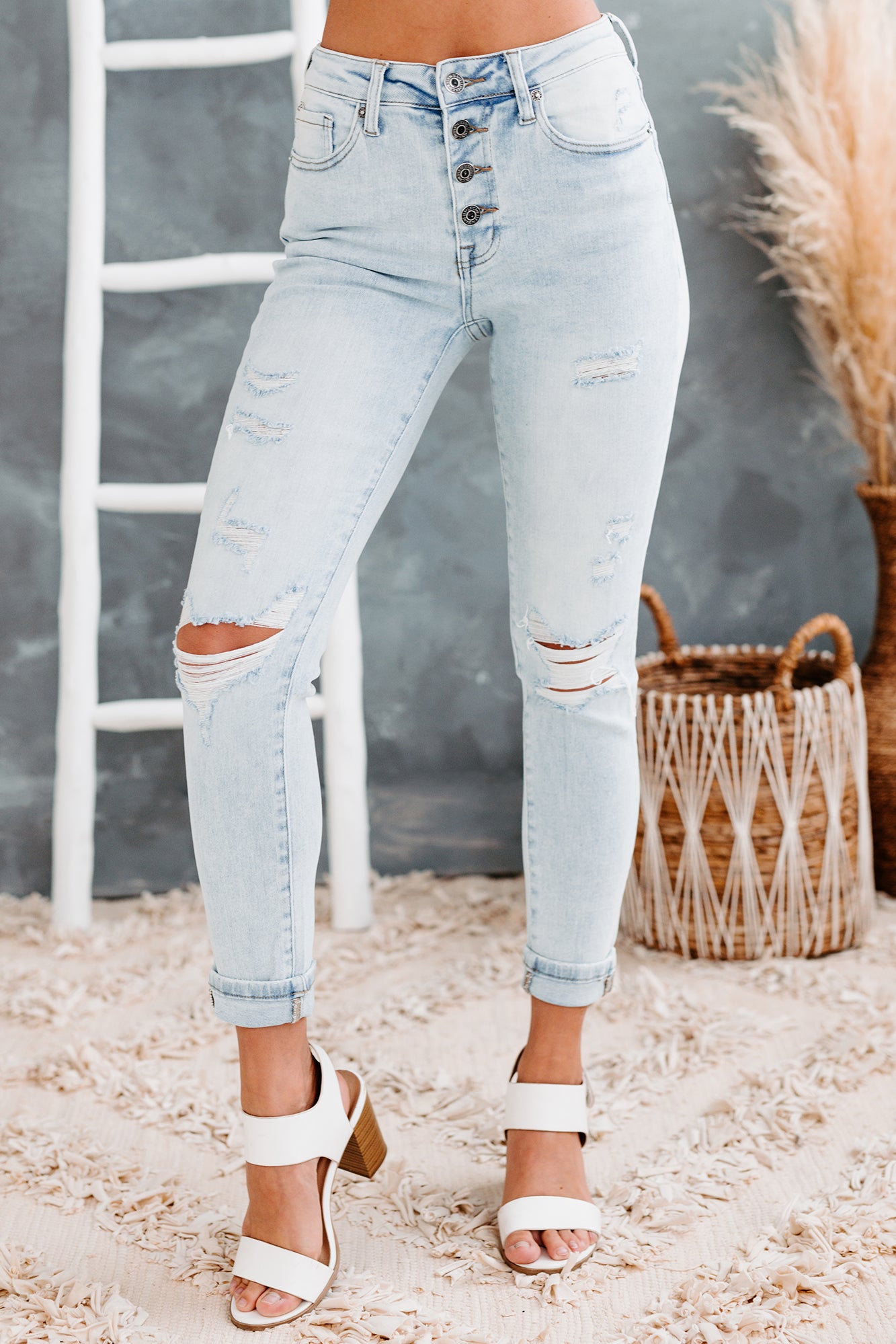 Moment Of Truth Risen Mid-Rise Distressed Button-Fly Skinny Jeans (Light)-The Formal Wear