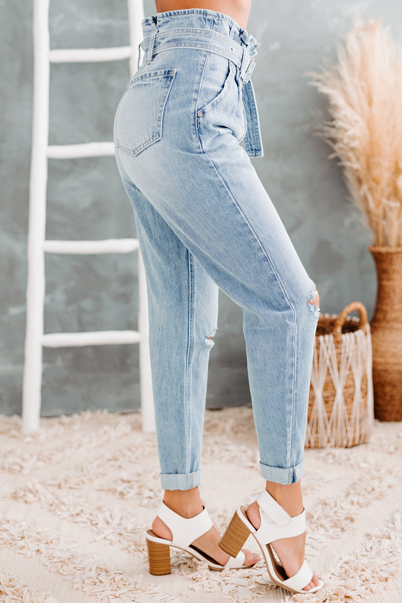 Daylight Magic Kancan High Rise Belted Paperbag Mom Jeans (Light)-The Formal Wear