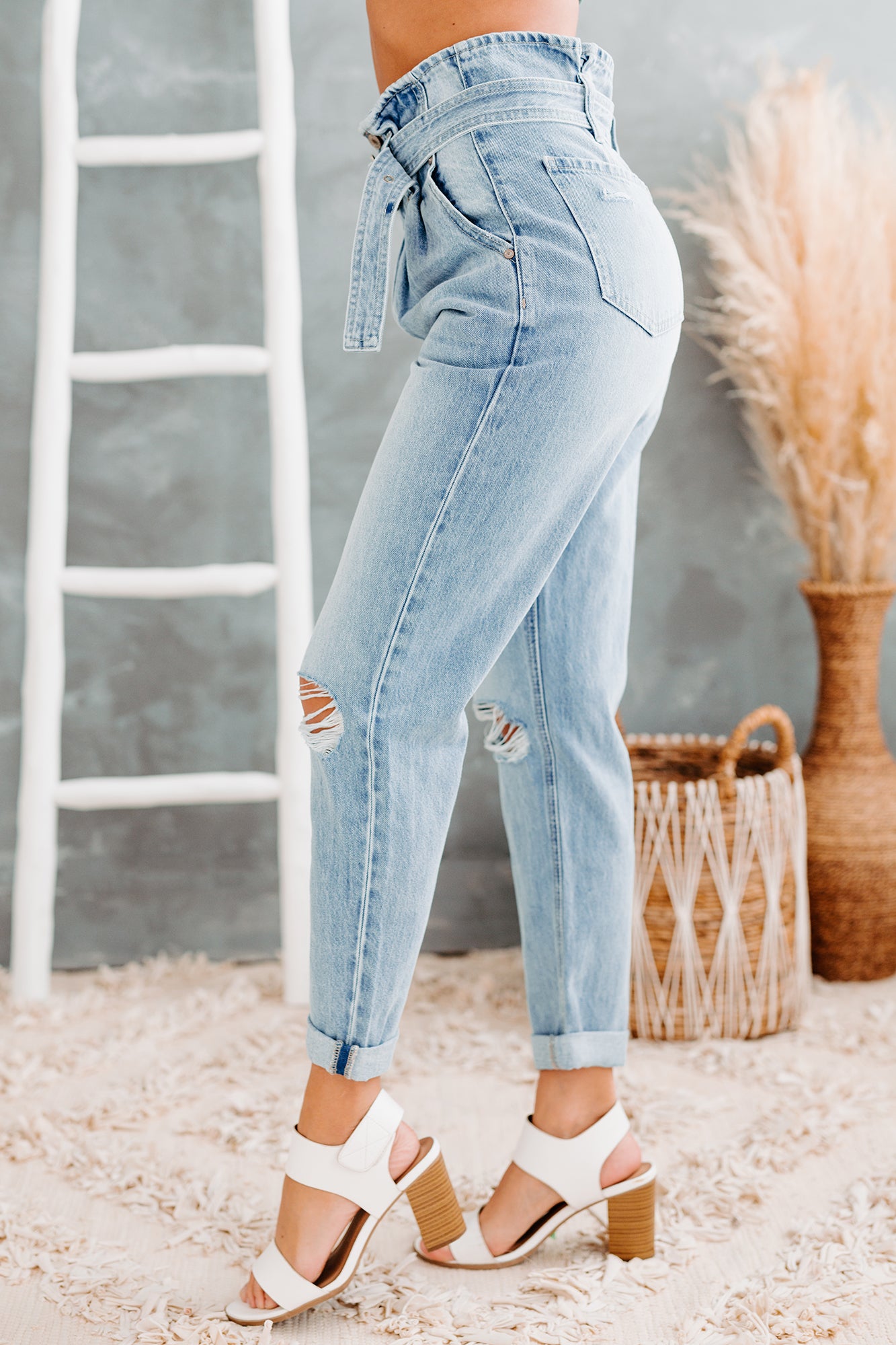 Daylight Magic Kancan High Rise Belted Paperbag Mom Jeans (Light)-The Formal Wear