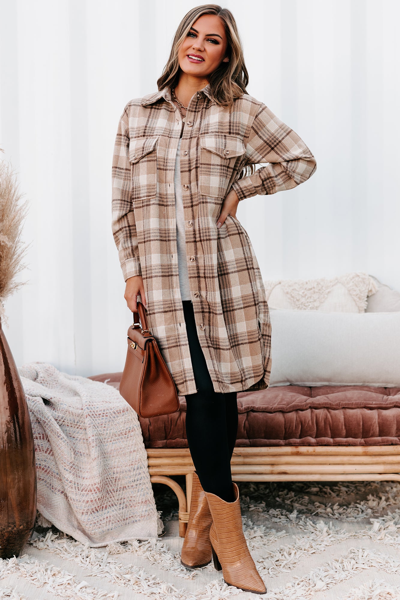 Call Your Bluff Long Plaid Shacket (Tan)-The Formal Wear