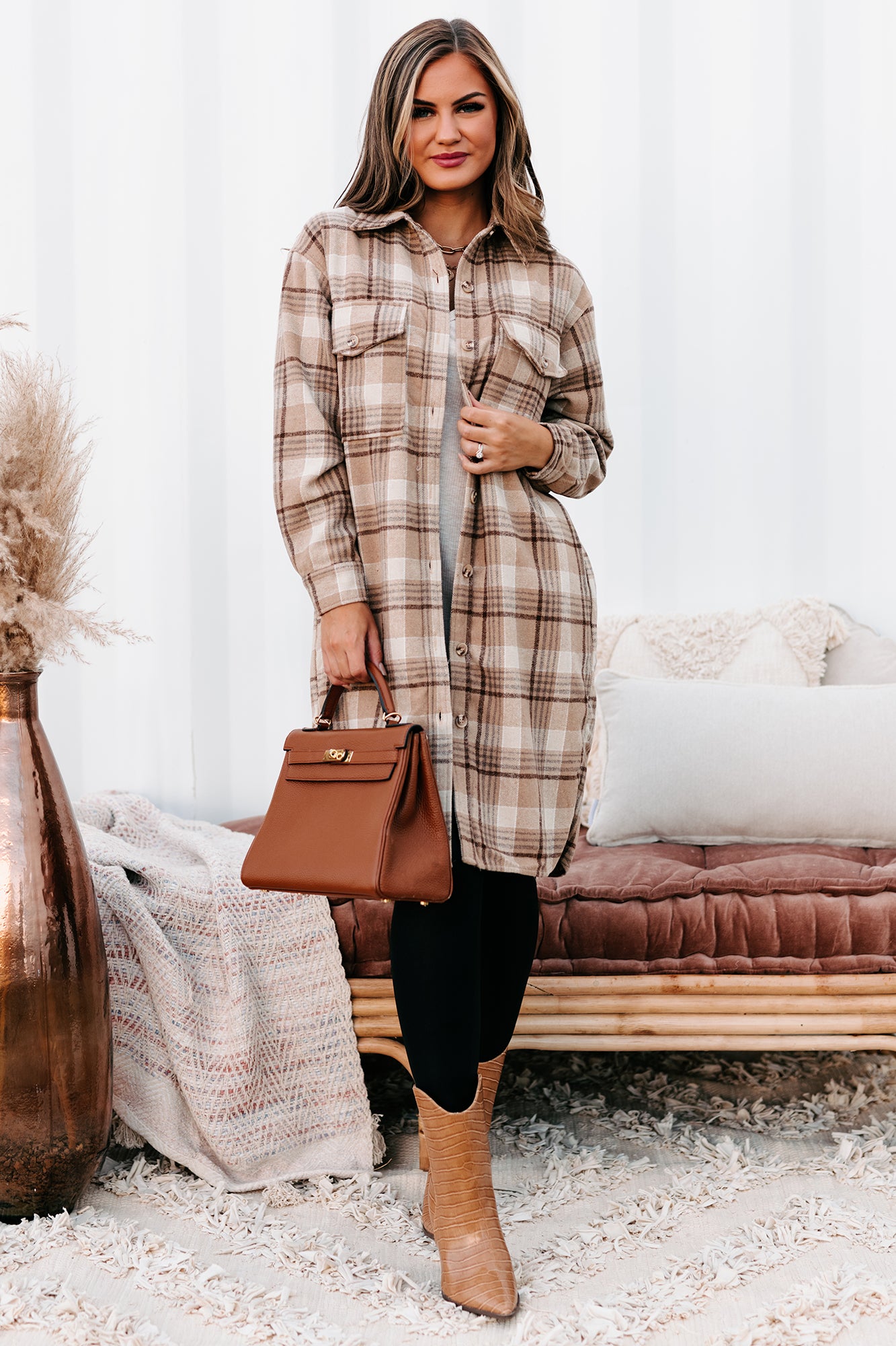 Call Your Bluff Long Plaid Shacket (Tan)-The Formal Wear