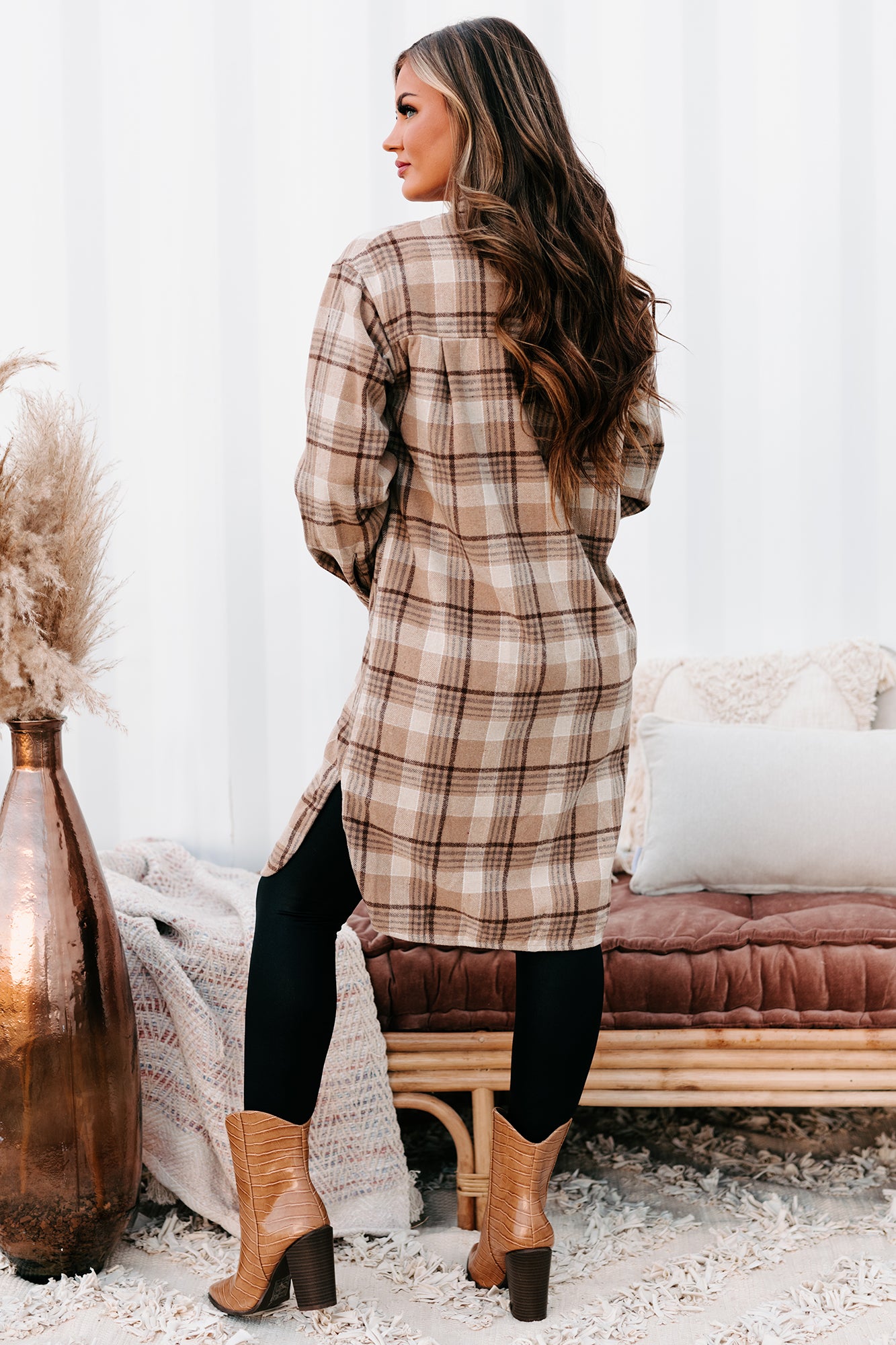 Call Your Bluff Long Plaid Shacket (Tan)-The Formal Wear