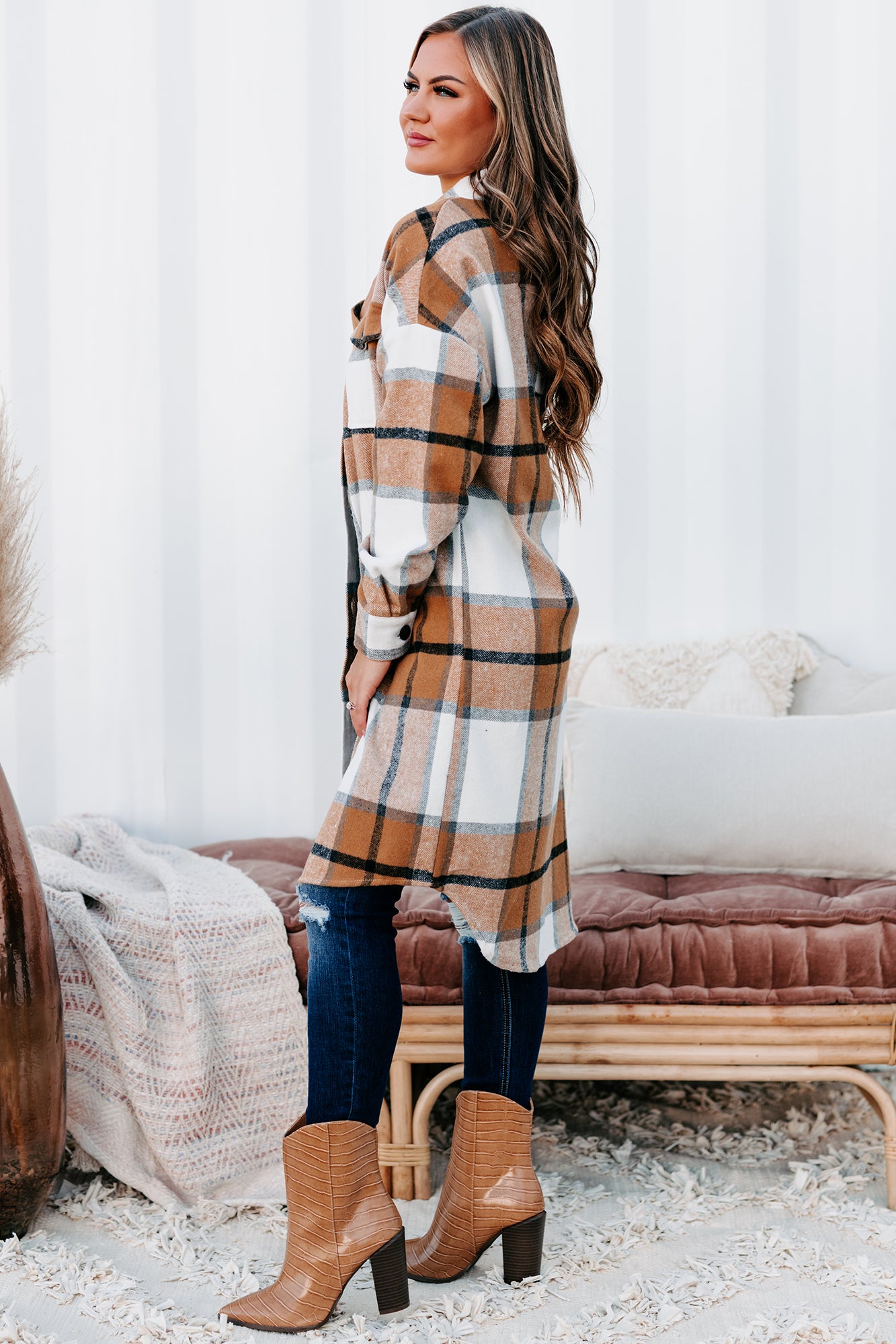 Beale Street Blues Long Plaid Shacket (Camel Combo)-The Formal Wear