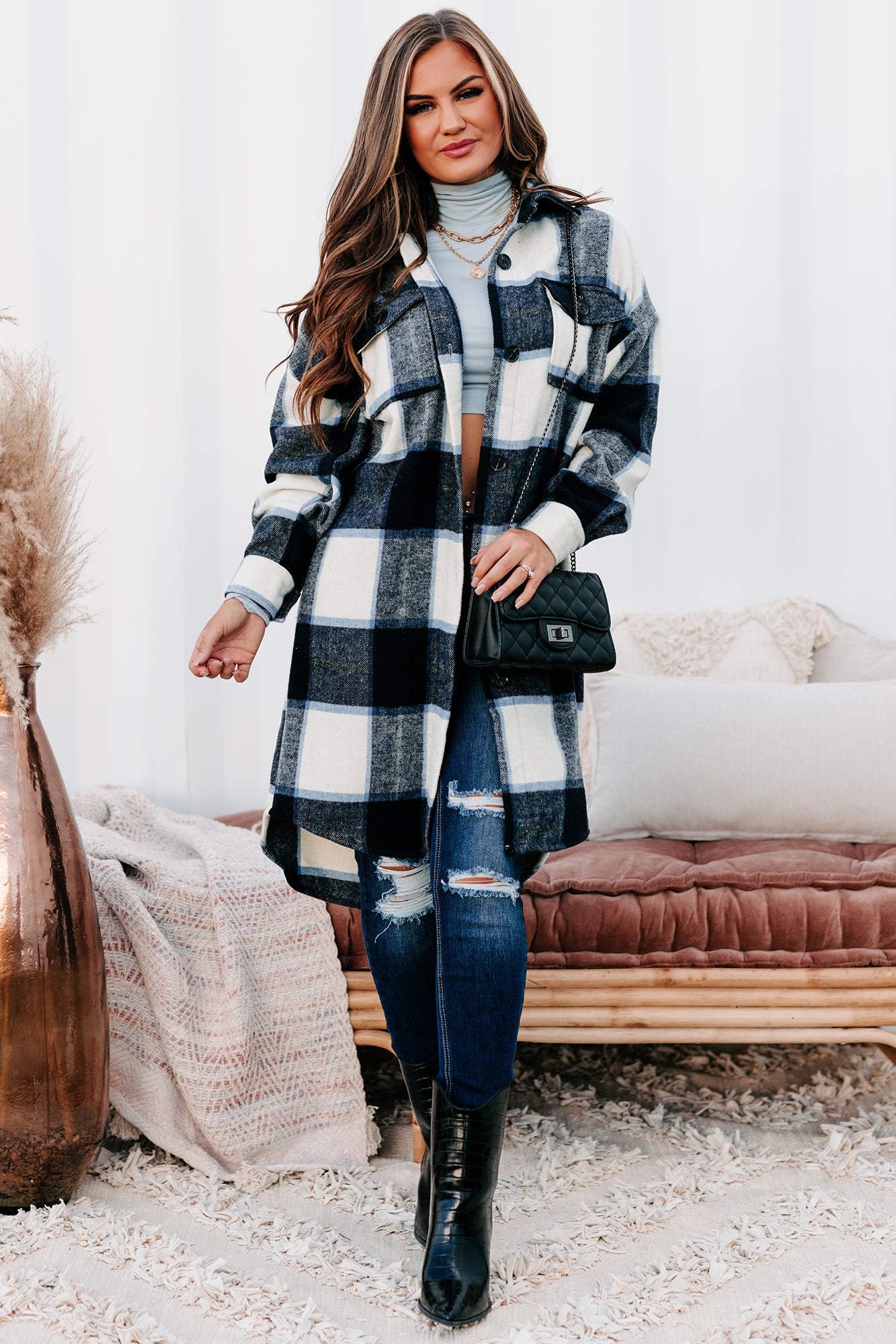 Beale Street Blues Long Plaid Shacket (Black/Blue)-The Formal Wear