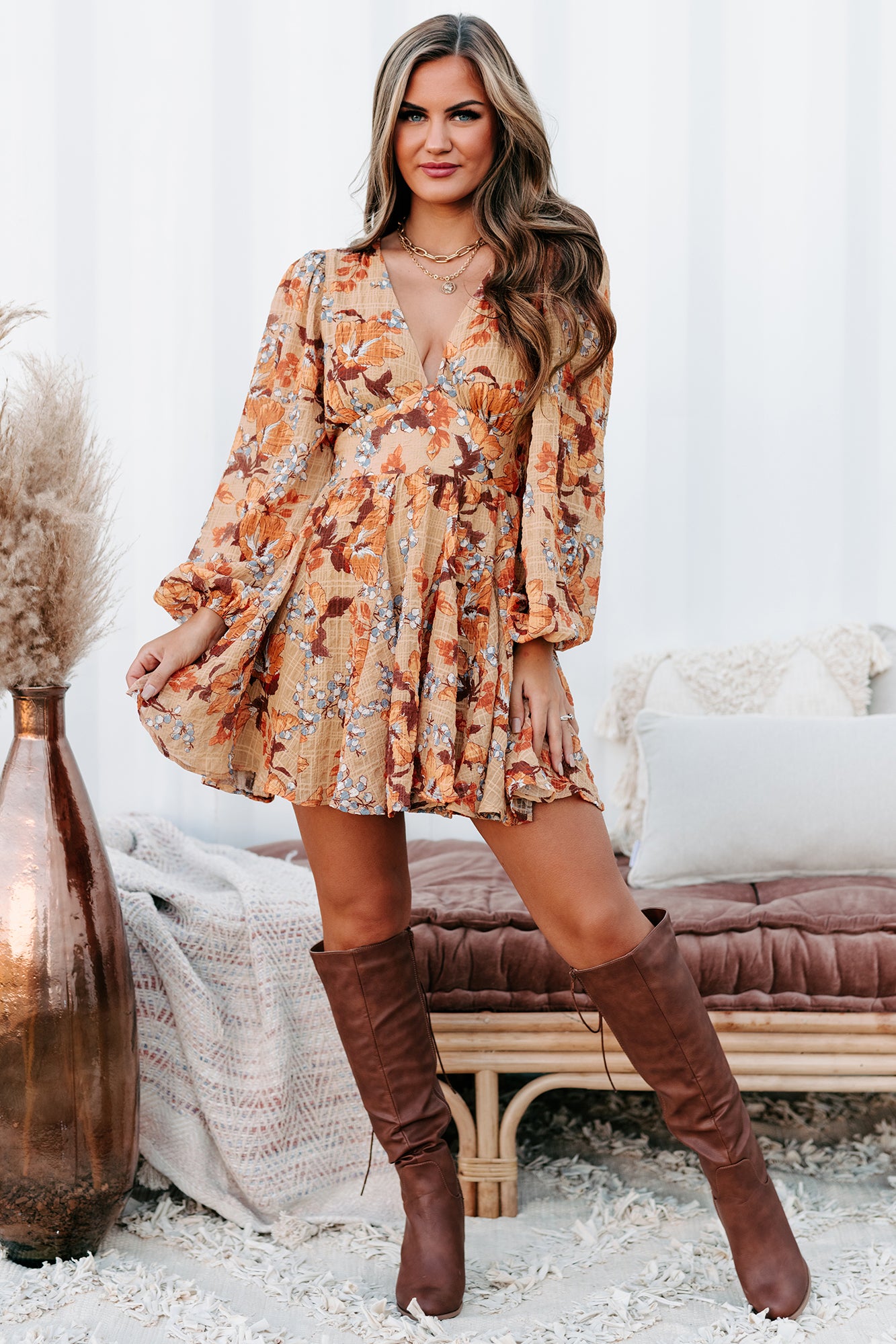 Caramel Kisses Long Sleeve Floral Mini Dress (Taupe)-The Formal Wear