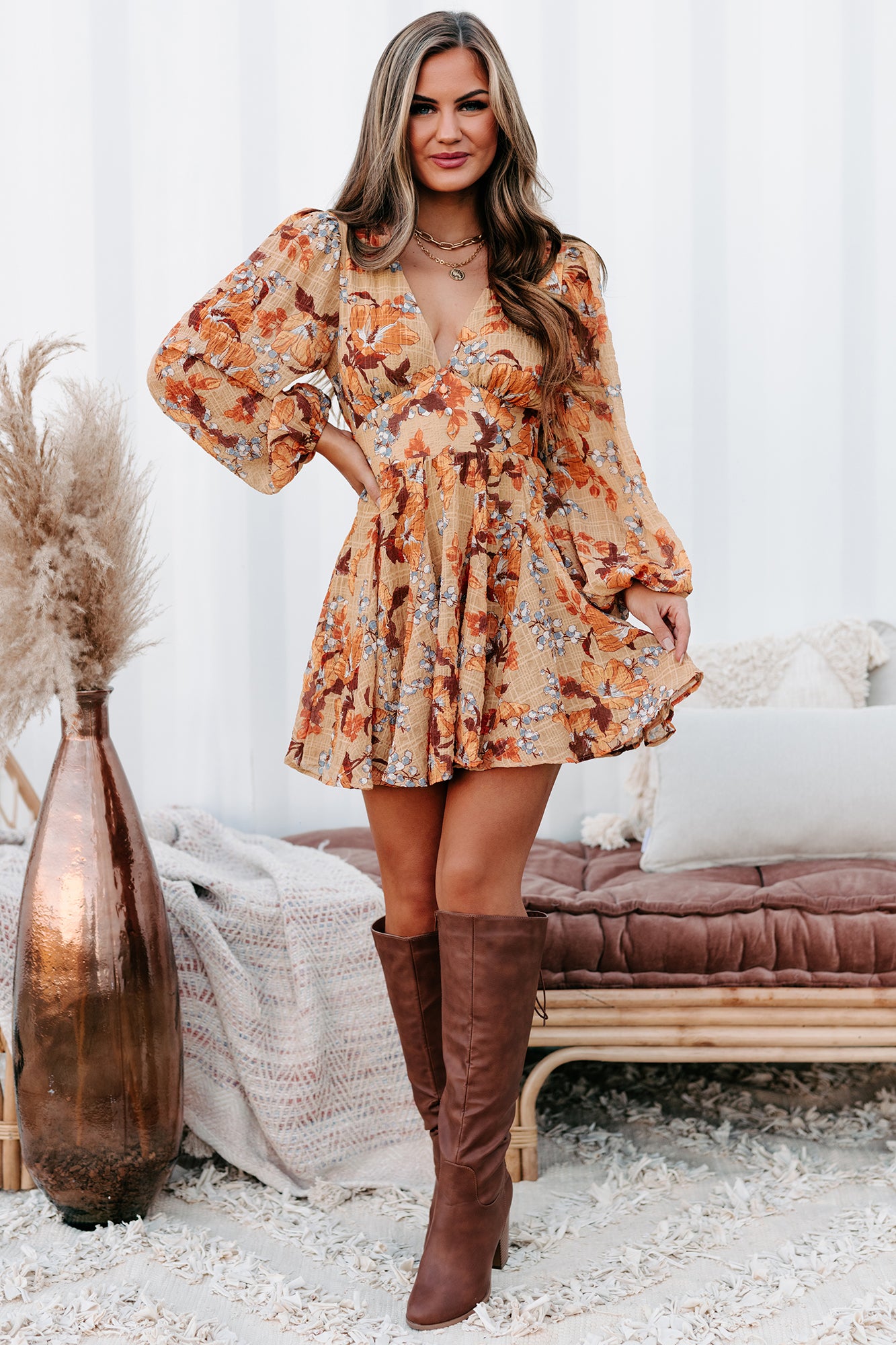 Caramel Kisses Long Sleeve Floral Mini Dress (Taupe)-The Formal Wear