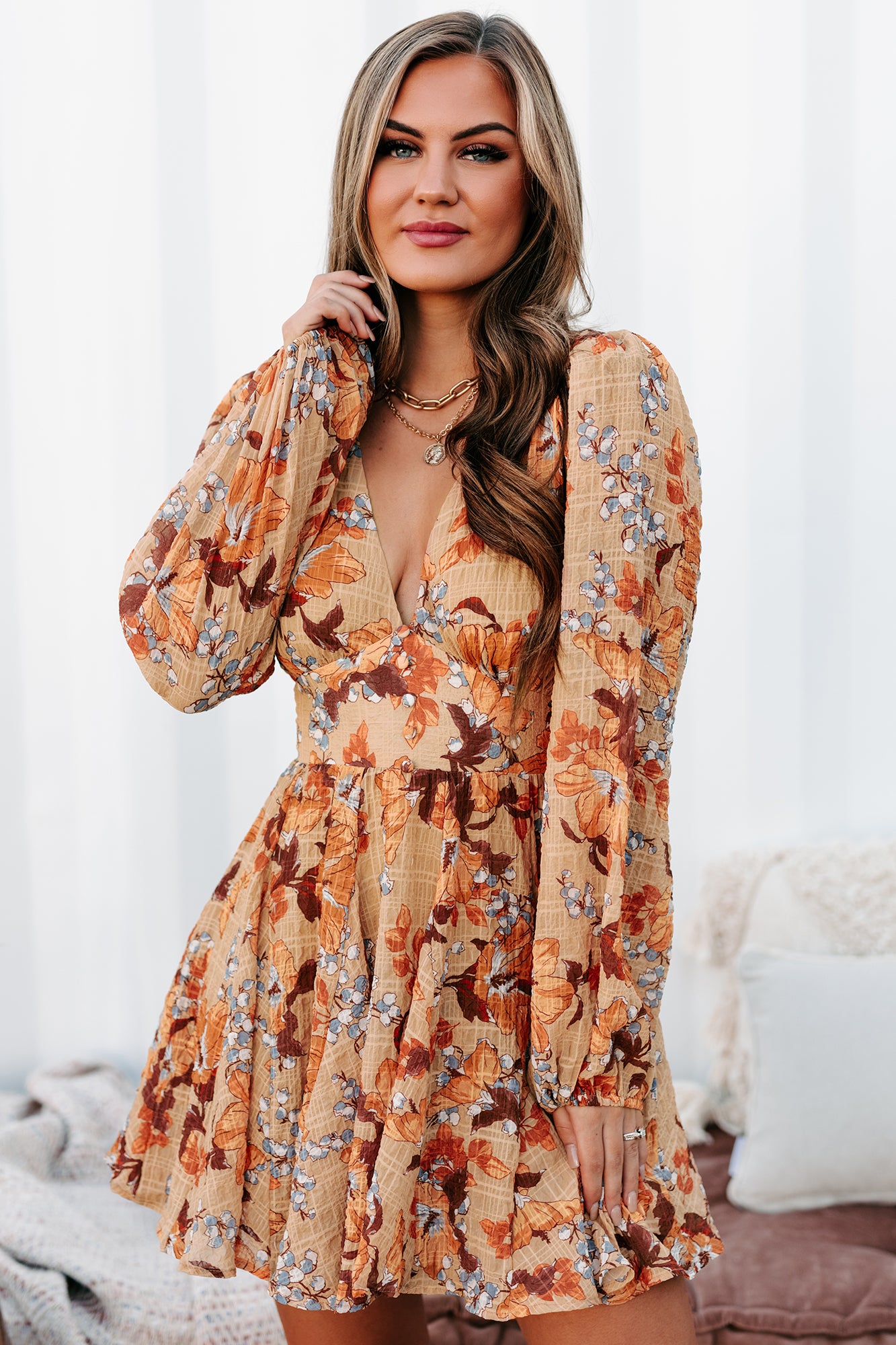 Caramel Kisses Long Sleeve Floral Mini Dress (Taupe)-The Formal Wear