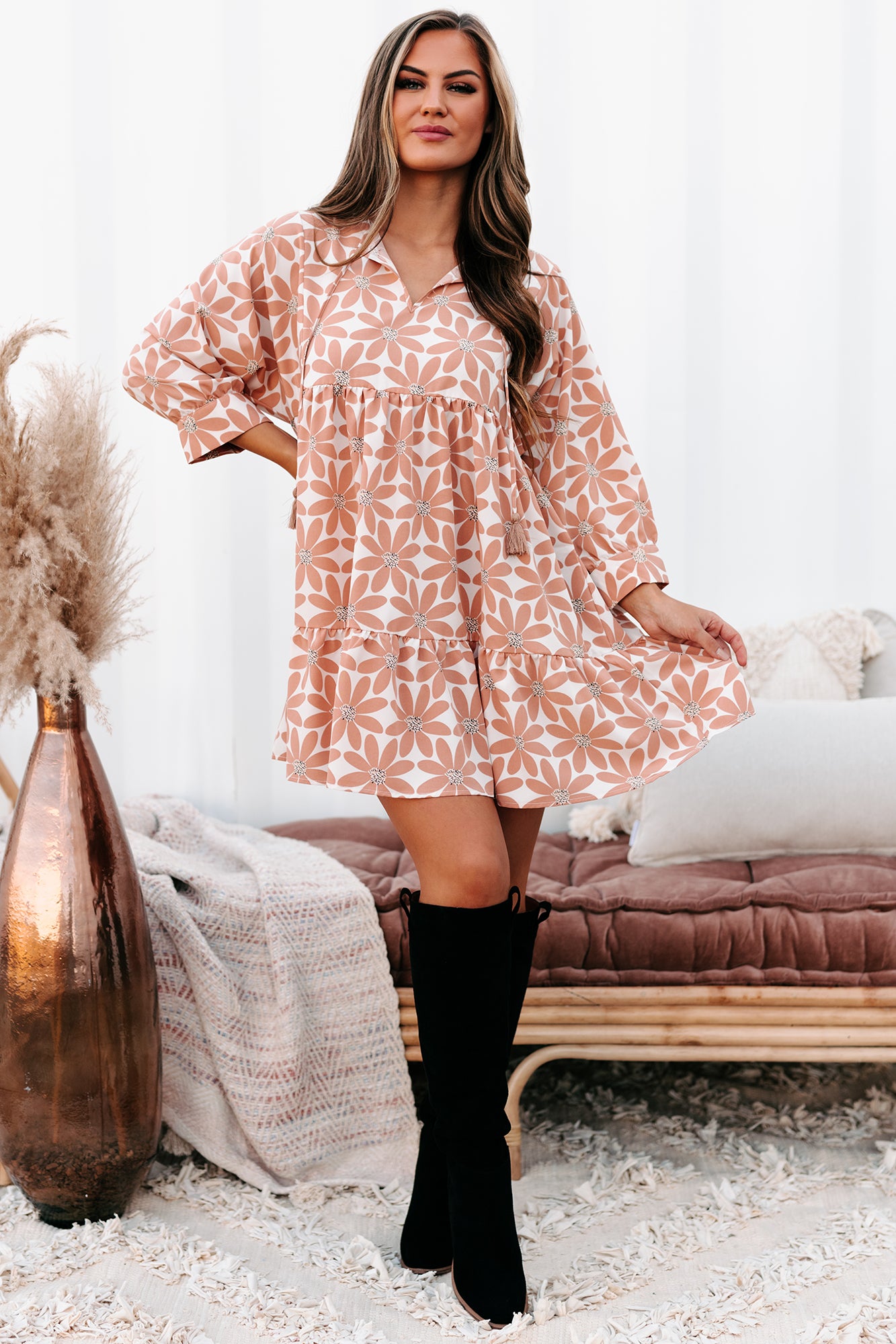 Predictably Sweet Floral Printed Babydoll Dress (Sand/Camel)-The Formal Wear